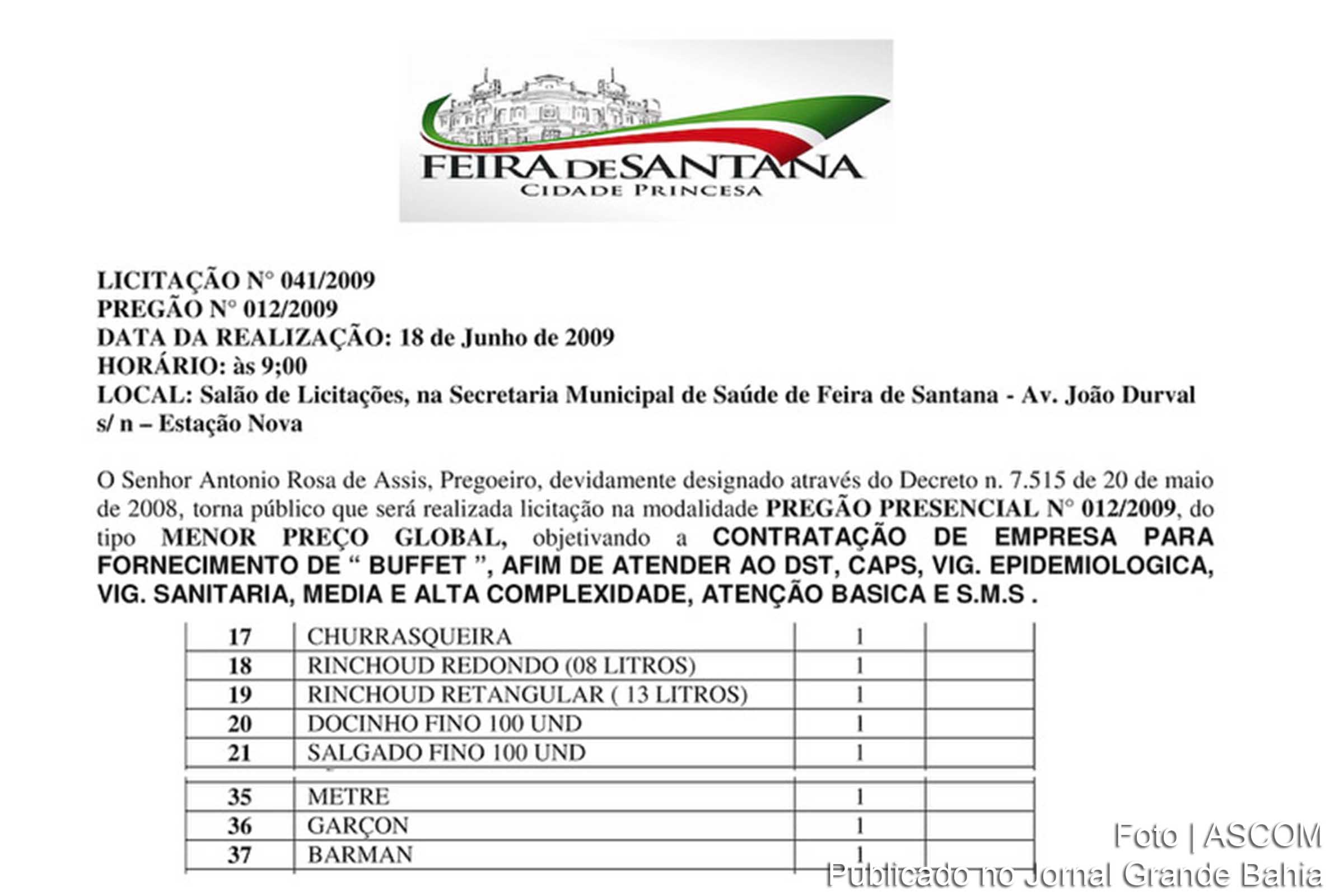 Reprodução de página da licitação realizada pela Prefeitura de Feira de Santana para contratação de buffet com recursos da saúde.