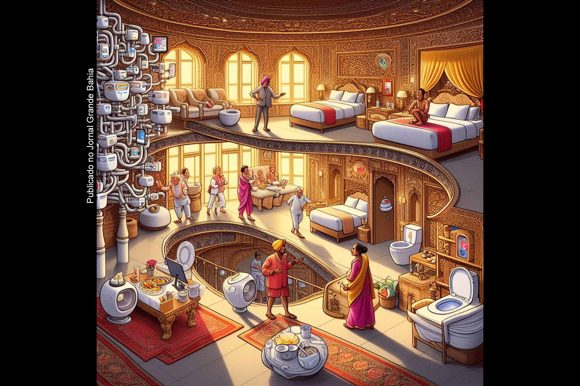 Em meio a um luxuoso quarto de hotel cinco estrelas em Nova Delhi, minha esposa e eu nos vimos diante de uma experiência inusitada. Um avançado vaso sanitário tecnológico, com sua surpreendente mãozinha mecânica para o asseio glúteo, provocou protestos indignados dos hóspedes ao redor. Entre sotaques brasileiros e vozes estrangeiras, a perplexidade tomou conta do ambiente. Na era da automação, até mesmo a higiene pessoal tornou-se uma inesperada e hilariante aventura durante nossa estadia na Índia.
