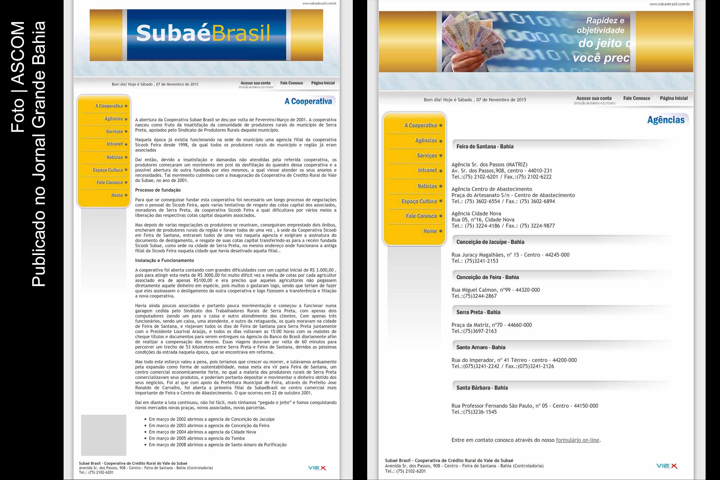 Reprodução de página na internet da Cooperativa Subaé Brasil.