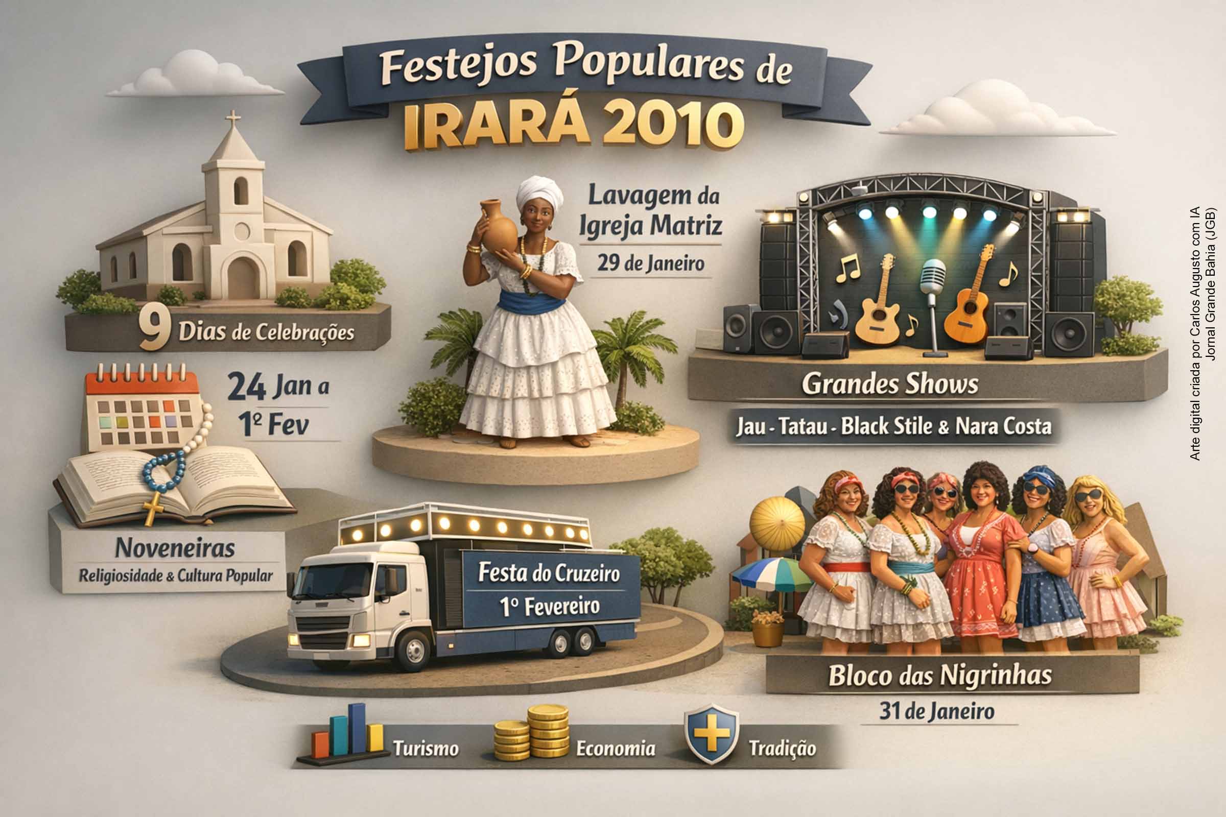 Os Festejos Populares de Irará, realizados de 24 de janeiro a 1º de fevereiro de 2010, reúnem celebrações religiosas, manifestações culturais e shows musicais em homenagem à padroeira Nossa Senhora da Purificação dos Campos. A programação inclui Noveneiras, Lavagem da Igreja Matriz, apresentações em praça pública, Festa do Cruzeiro e blocos tradicionais, consolidando o evento como um dos principais do calendário cultural do município.