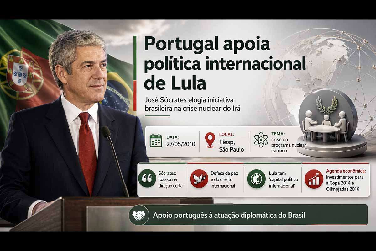 O primeiro-ministro de Portugal, José Sócrates, manifestou em São Paulo apoio à atuação do Governo Lula na crise sobre o programa nuclear iraniano. Segundo ele, a iniciativa brasileira buscou paz, respeito ao direito internacional e diálogo. Sócrates também defendeu que Lula mantivesse atuação internacional após o mandato e tratou com empresários de investimentos ligados à Copa de 2014 e às Olimpíadas de 2016.
