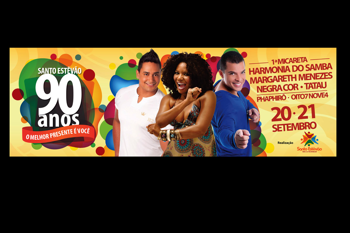 Cartaz oficial apresenta a programação comemorativa dos 90 anos de emancipação política de Santo Estêvão, celebrada em setembro de 2011, com inaugurações e eventos festivos.