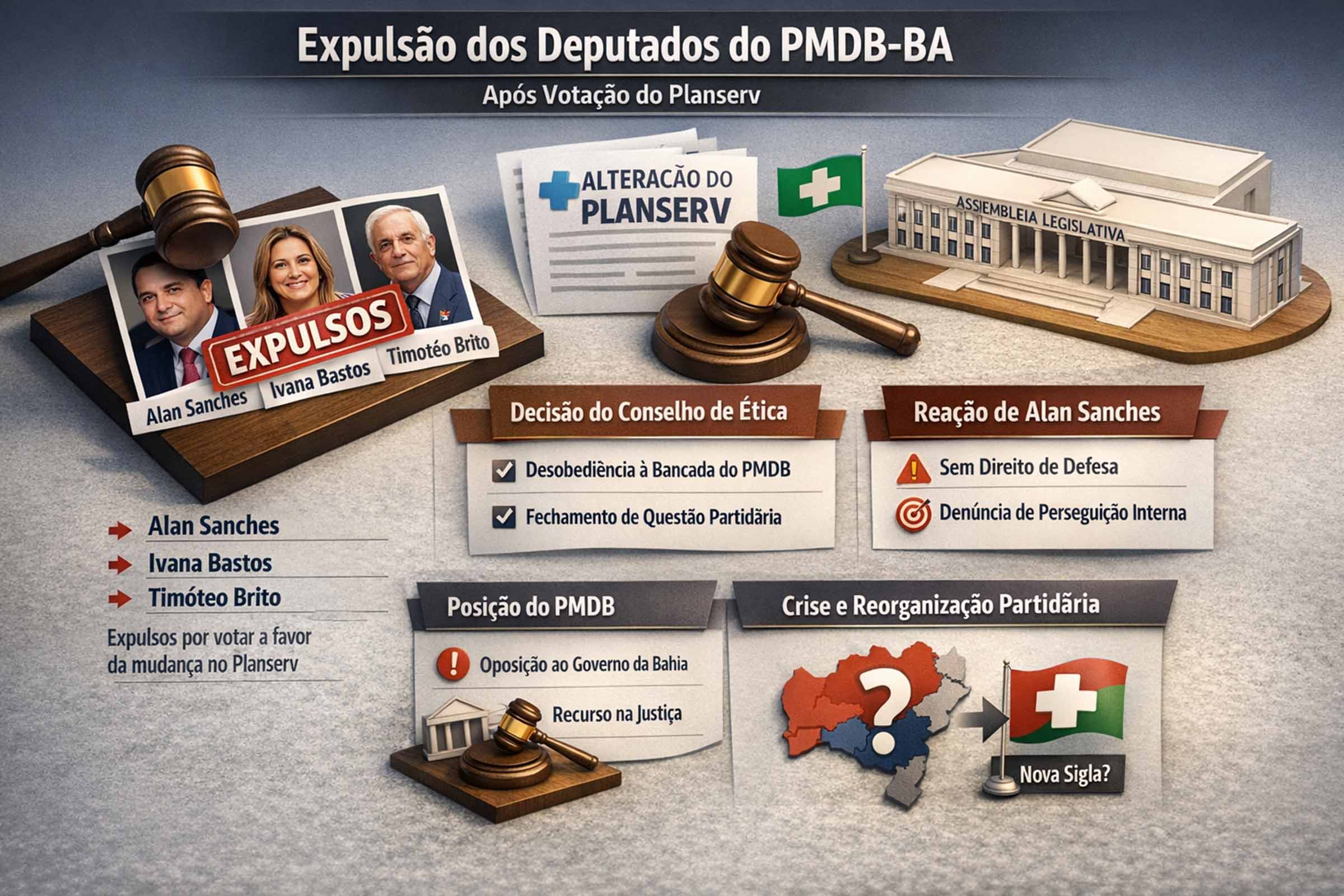 O Conselho de Ética do PMDB da Bahia decidiu, por unanimidade, expulsar os deputados Alan Sanches, Ivana Bastos e Timóteo Brito por votarem a favor das mudanças no Planserv, contrariando orientação partidária. O partido reafirmou oposição ao governo estadual e anunciou medidas judiciais. Alan Sanches criticou a condução do processo, alegou falta de defesa e denunciou perseguição interna, ampliando o impacto político da decisão.