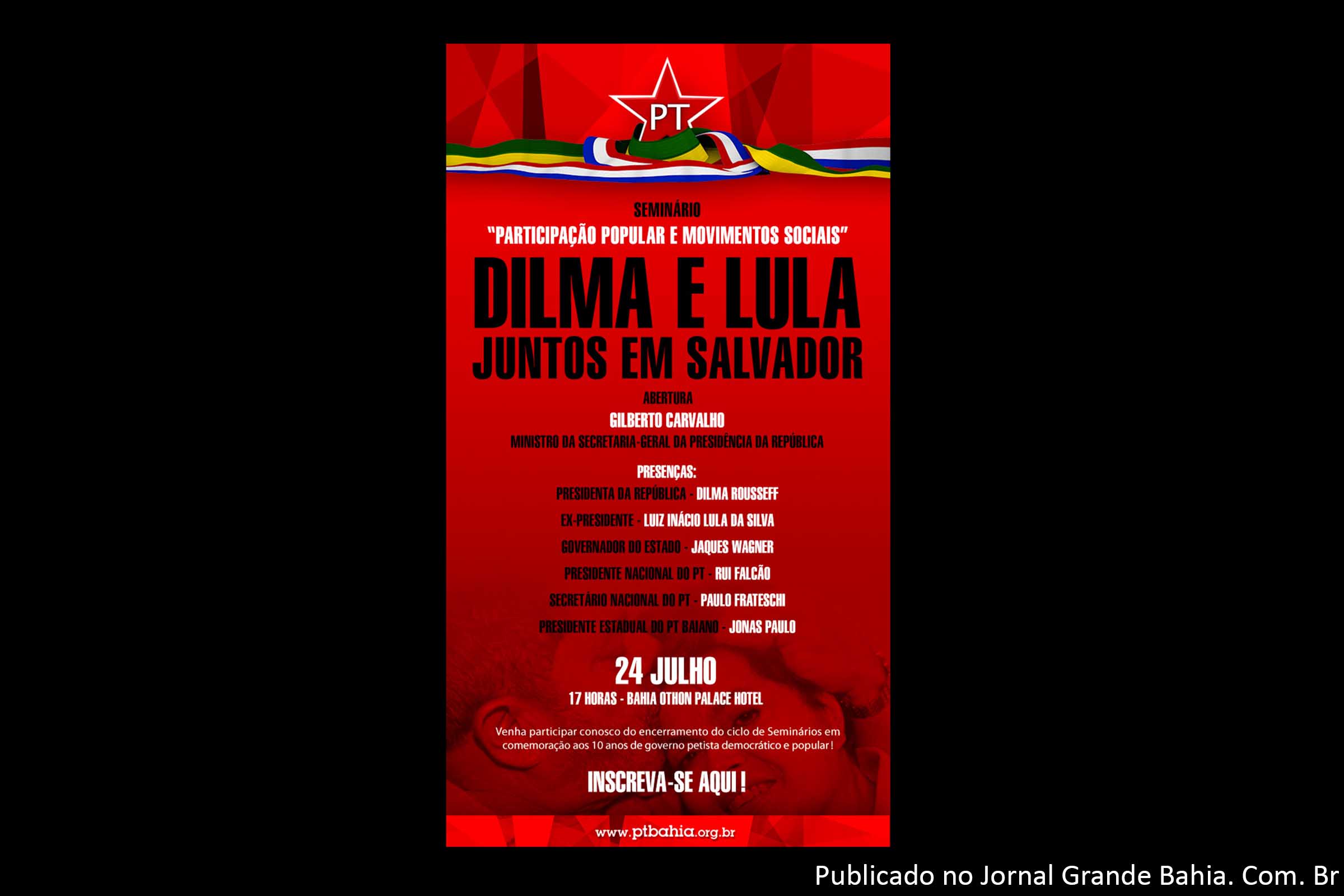 “Participação Popular e Movimentos Sociais” esta é a temática do encontro que reunirá lideranças petistas nacionais e estaduais na próxima quarta-feira (24), em Salvador.