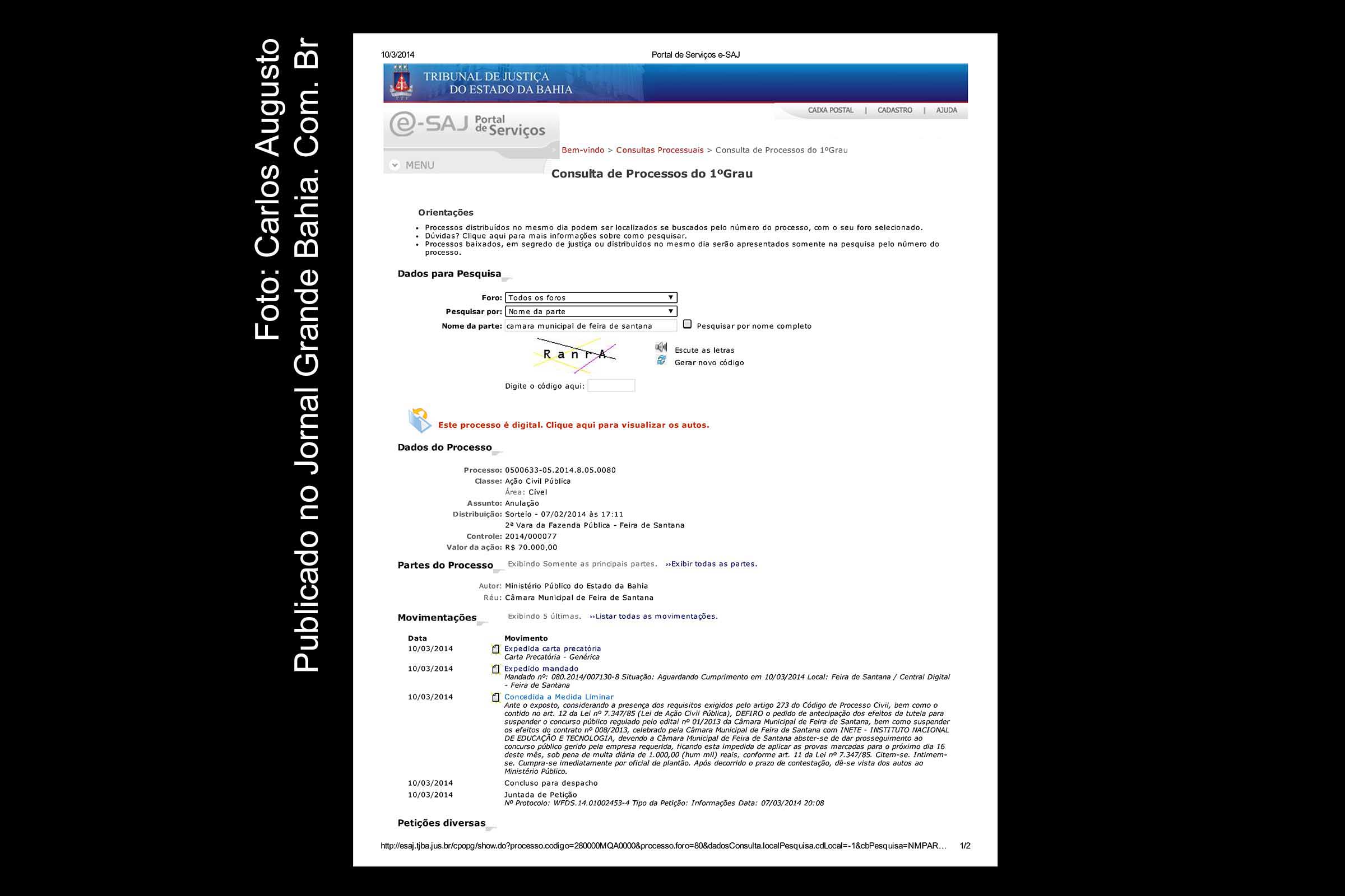 Espelho da decisão judicial que suspendeu o concurso da Câmara Municipal de Feira de Santana.