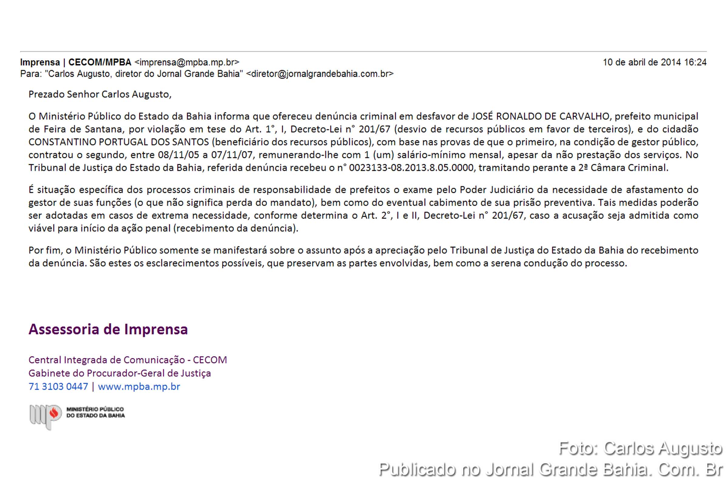 Nota do Ministério Público da Bahia destinada ao Jornal Grande Bahia.