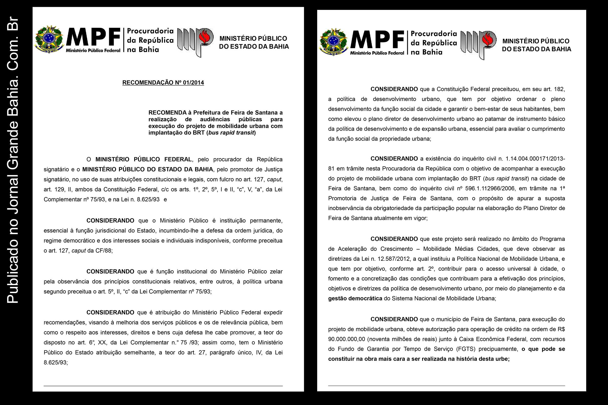 MPF e MPBA recomendam que Feira de Santana promova audiências públicas sobre implantação do BRT e atualize o PDDU