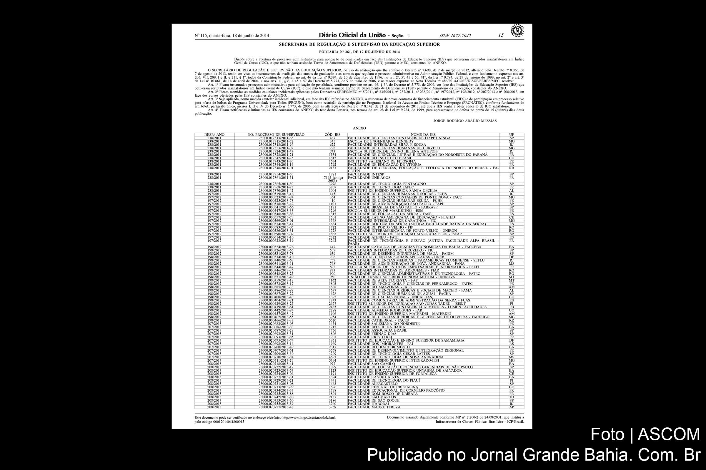 MEC publica no DOU relação das faculdades.