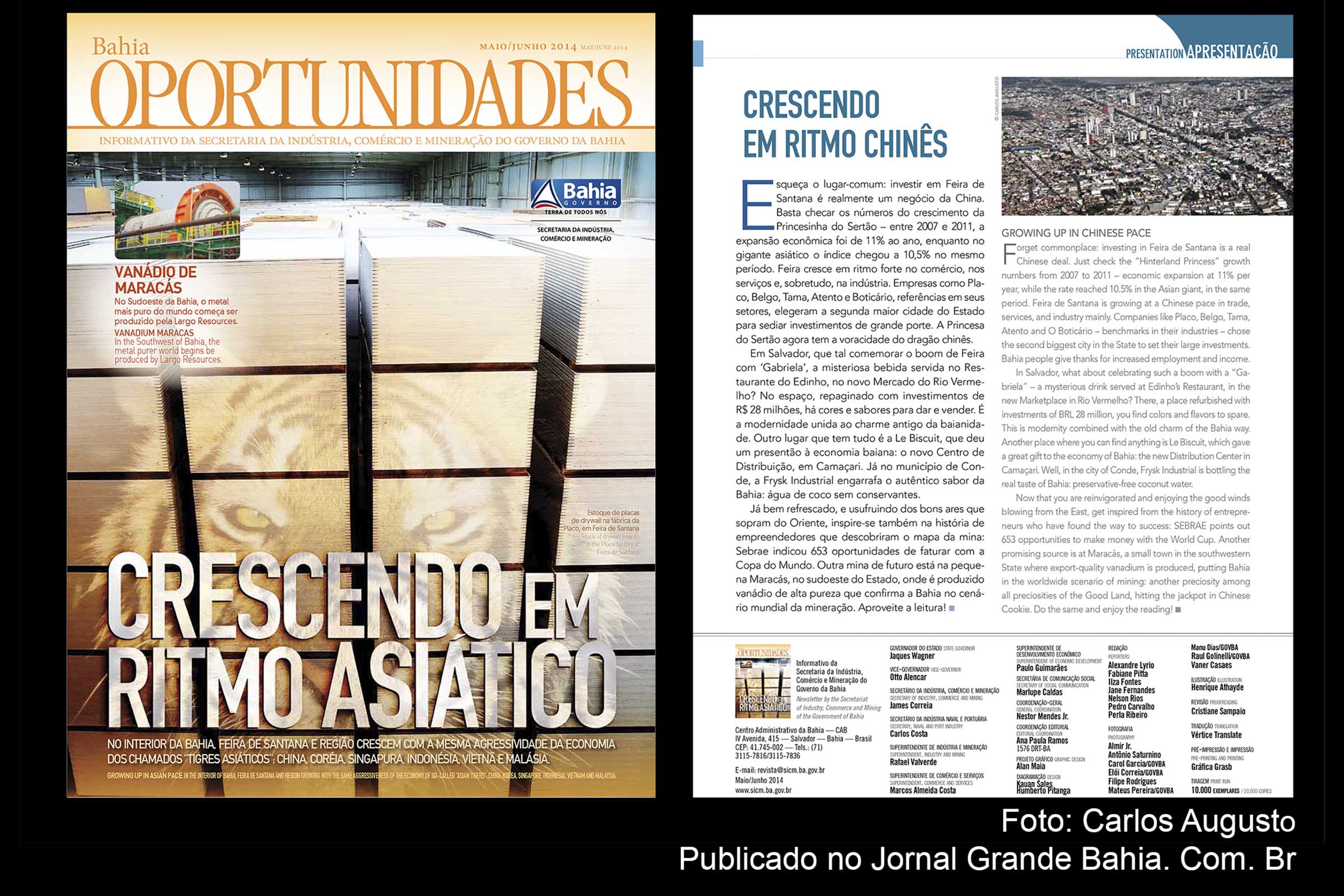 Capa e editorial da Revista Bahia Oportunidades edição de maio e junho de 2014.