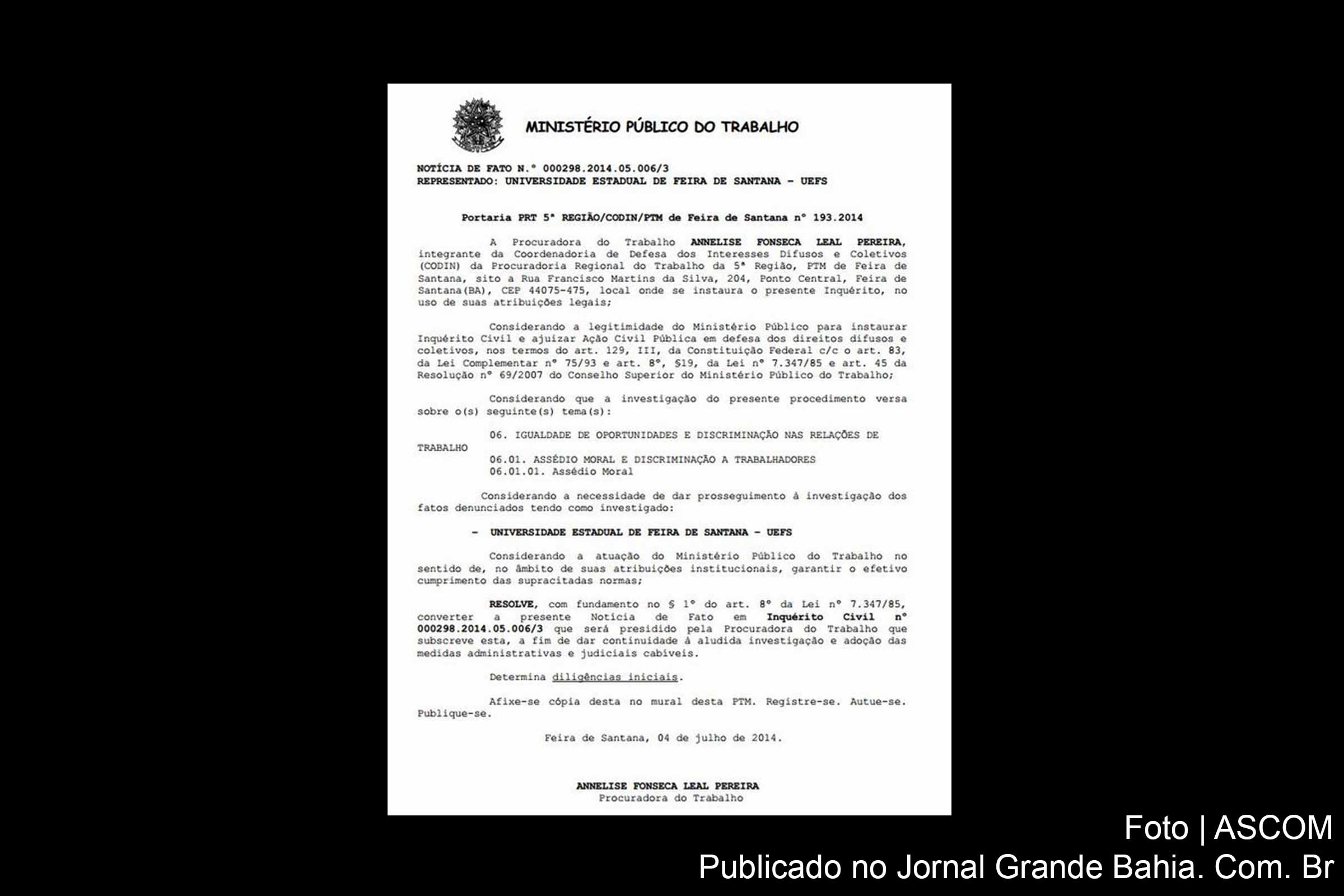 Portaria do MPT dá início à investigação na UEFS.