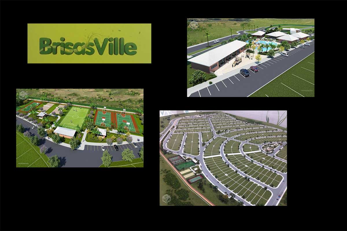 Perspectiva ilustrada do condomínio residencial Brisas Ville. O empreendimento prevê desde obras de melhorias de acesso, pavimentação de ruas e avenidas, que serão abertas no local, como também toda a infraestrutura de lazer e segurança.