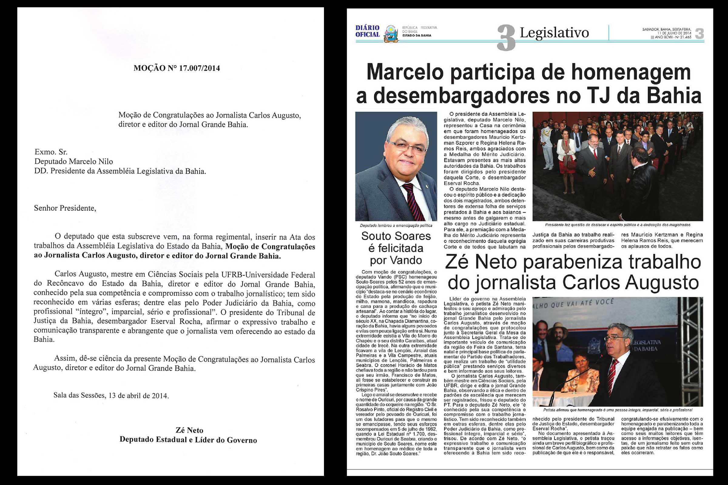 Moção recebida por Carlos Augusto é destaque matéria de capa do Diário Oficial do Poder Legislativo do Estado da Bahia.