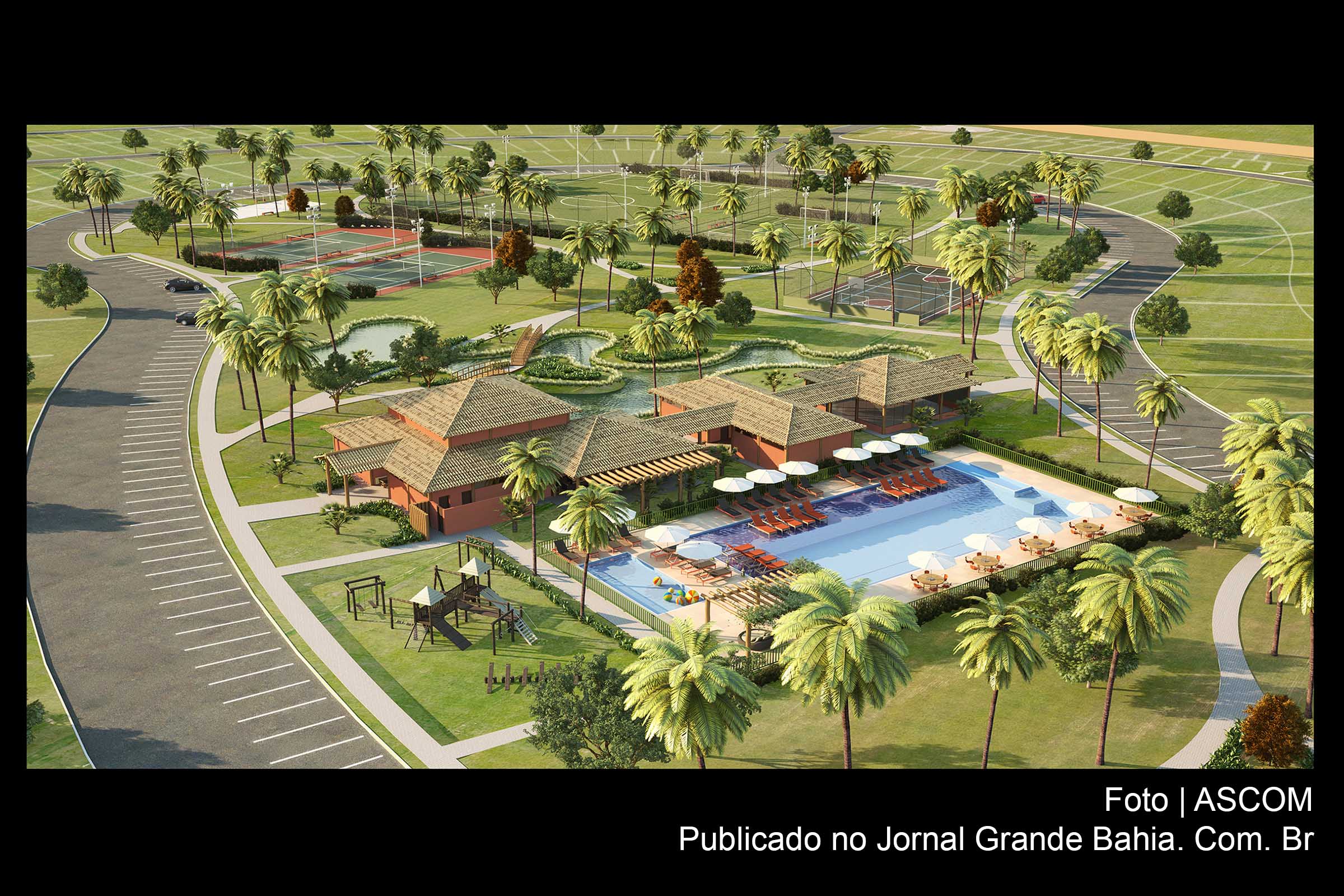 Perspectiva ilustrada de condomínio residencial. Empreendimento residencial é opção de investimento.