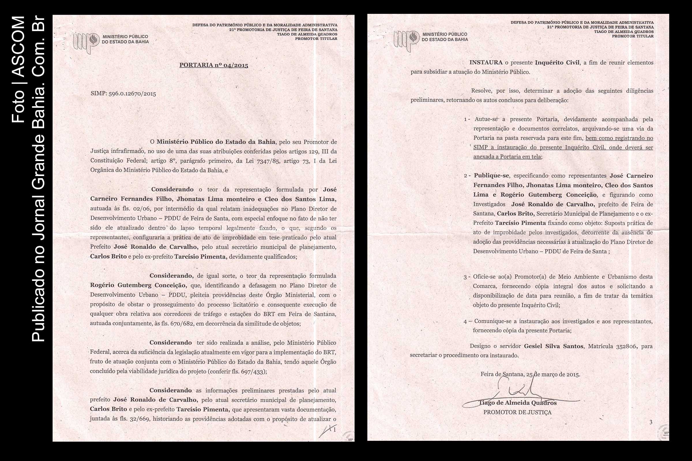 Páginas 1 e 3 do inquérito do MPBA para apurar responsabilidades do prefeito José Ronaldo e do secretário Carlos Brito no descumprimento do Estatuto da Cidade.