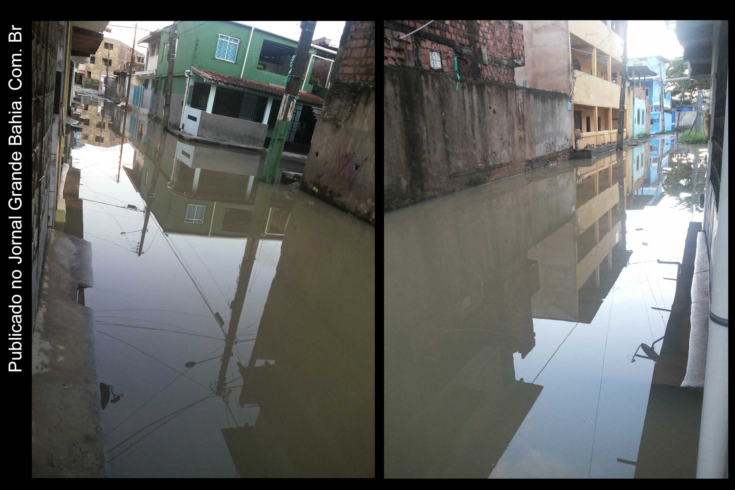 Rua Monte Sião em Salvador alagada por esgoto.