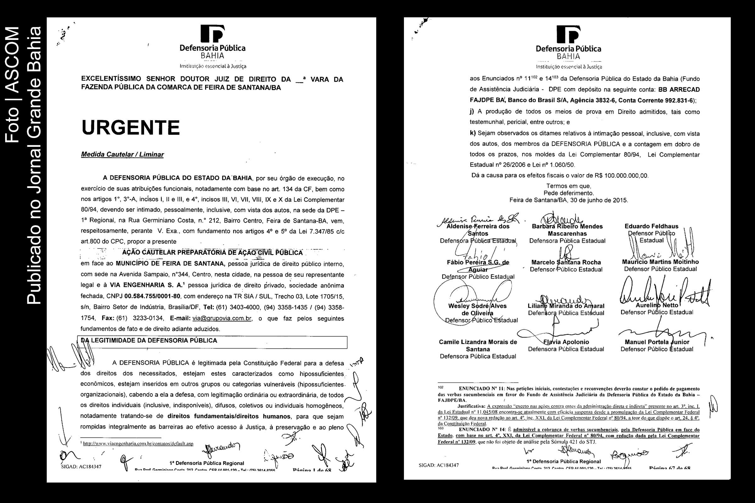 Em 68 páginas, 12 defensores públicos apresentam argumentos jurídicos e técnicos para que o BRT não seja implantado em Feira de Santana