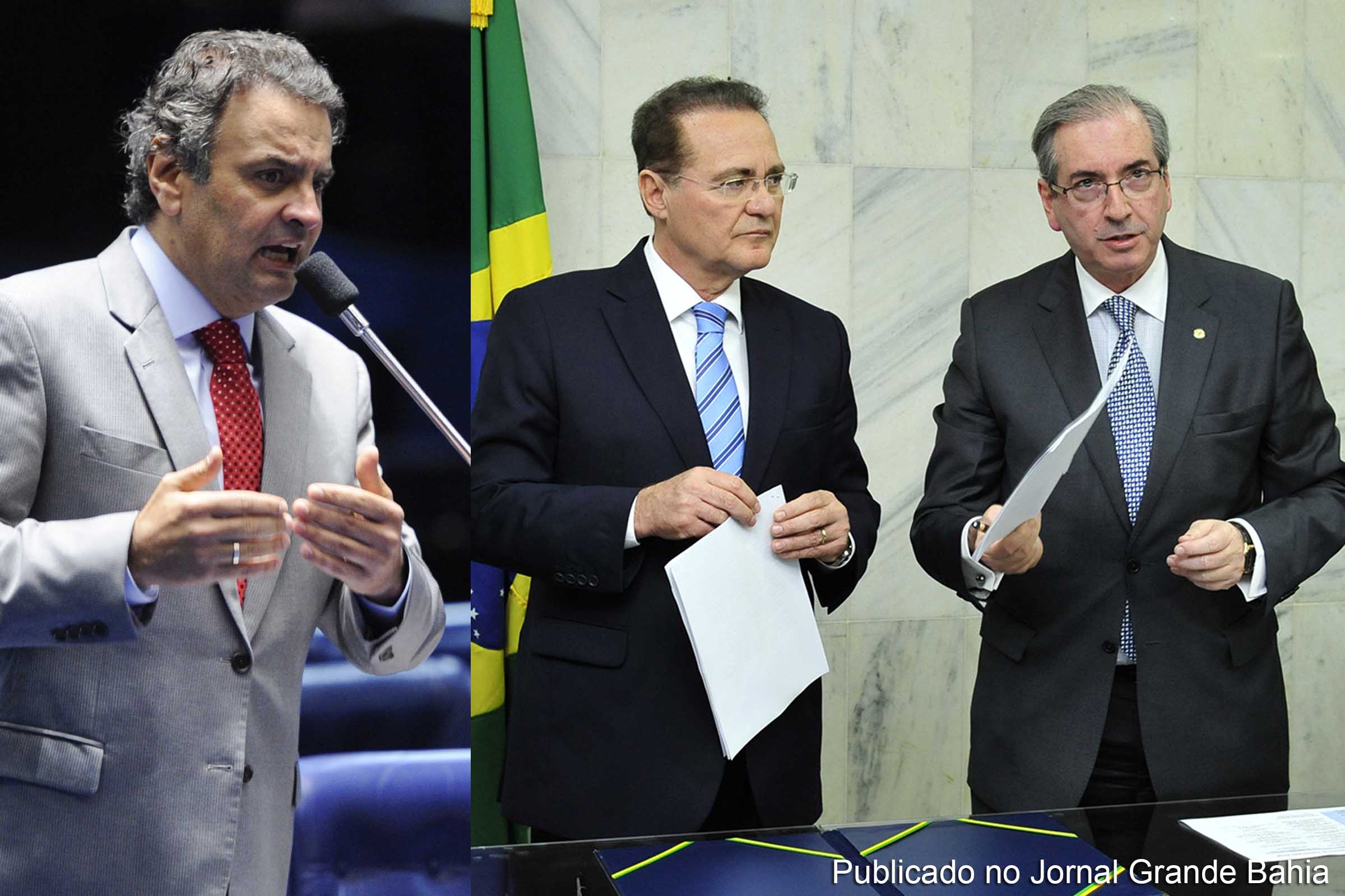 Senadores Aécio Neves e Renan Calheiros, e o deputado Eduardo Cunha. Aliados Aécio Neves fazem oposição ao governo Rousseff, e respondem a inquéritos judiciais abertos no âmbito do STF com a finalidade de apurar possíveis envolvimentos em atos de corrupção na Petrobras. Senadores Aécio Neves e Renan Calheiros, e o deputado Eduardo Cunha. Aliados de Aécio Neves fazem oposição ao governo Rousseff, enquanto respondem a inquéritos judiciais abertos no âmbito do STF, cuja finalidade é apurar possíveis envolvimentos em atos de corrupção na Petrobras.