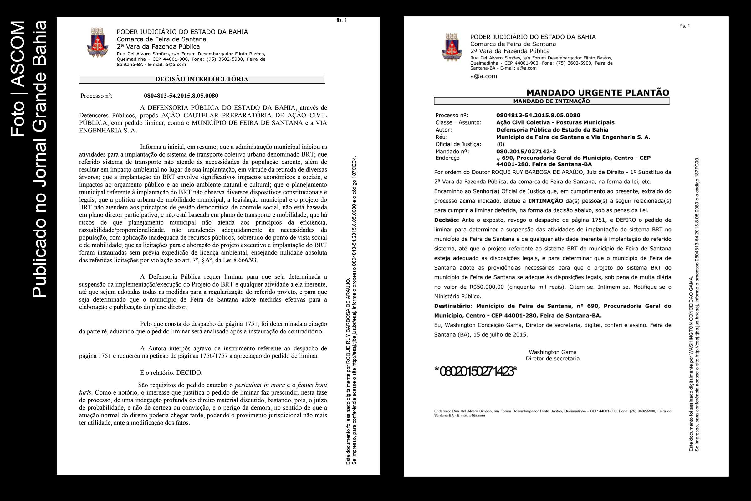 Magistrado Roque Rui determina suspensão da implantação BRT e multa diária de R$ 50 mil contra a Prefeitura de Feira de Santana