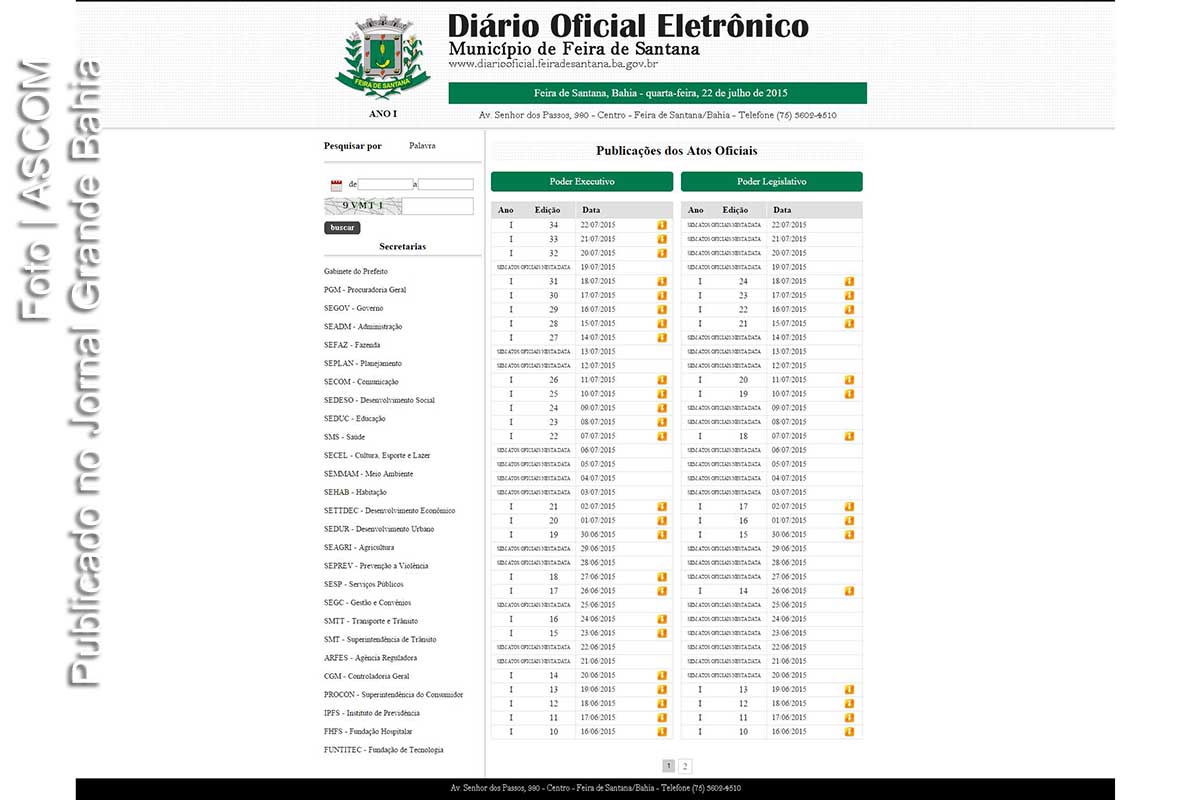 Reprodução da página do Diário Oficial Eletrônico do Município de Feira de Santana.
