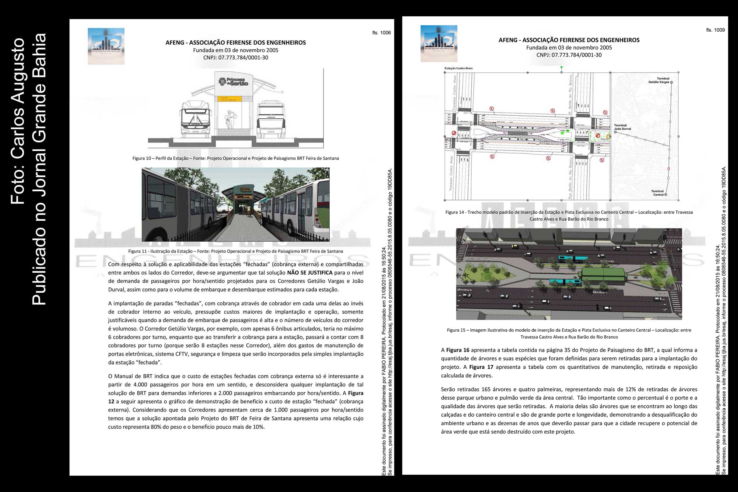 Páginas 14 e 17 do parecer técnico sobre o ‘Sistema BRT Feira de Santana’ encomendado pela AFENG. Laudo confirma inexistência de planejamento adequado na implantação do BRT nos moldes propostos pelo Município. Entidade também manifestou nota de apoio à Ação da DPE.