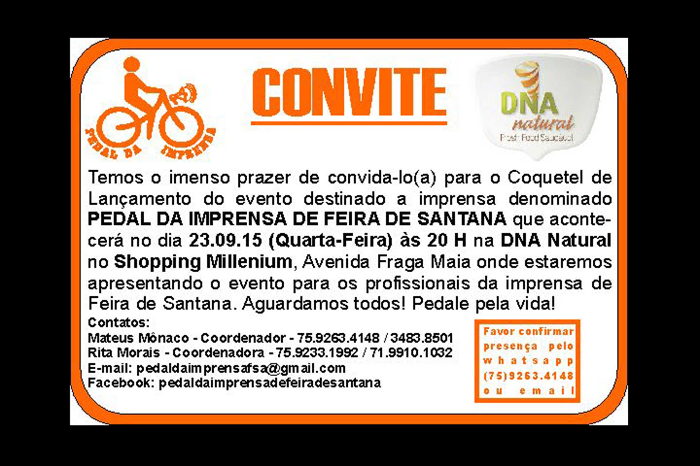 Convite para o lançamento do projeto ‘Pedal da imprensa Feira de Santana'.