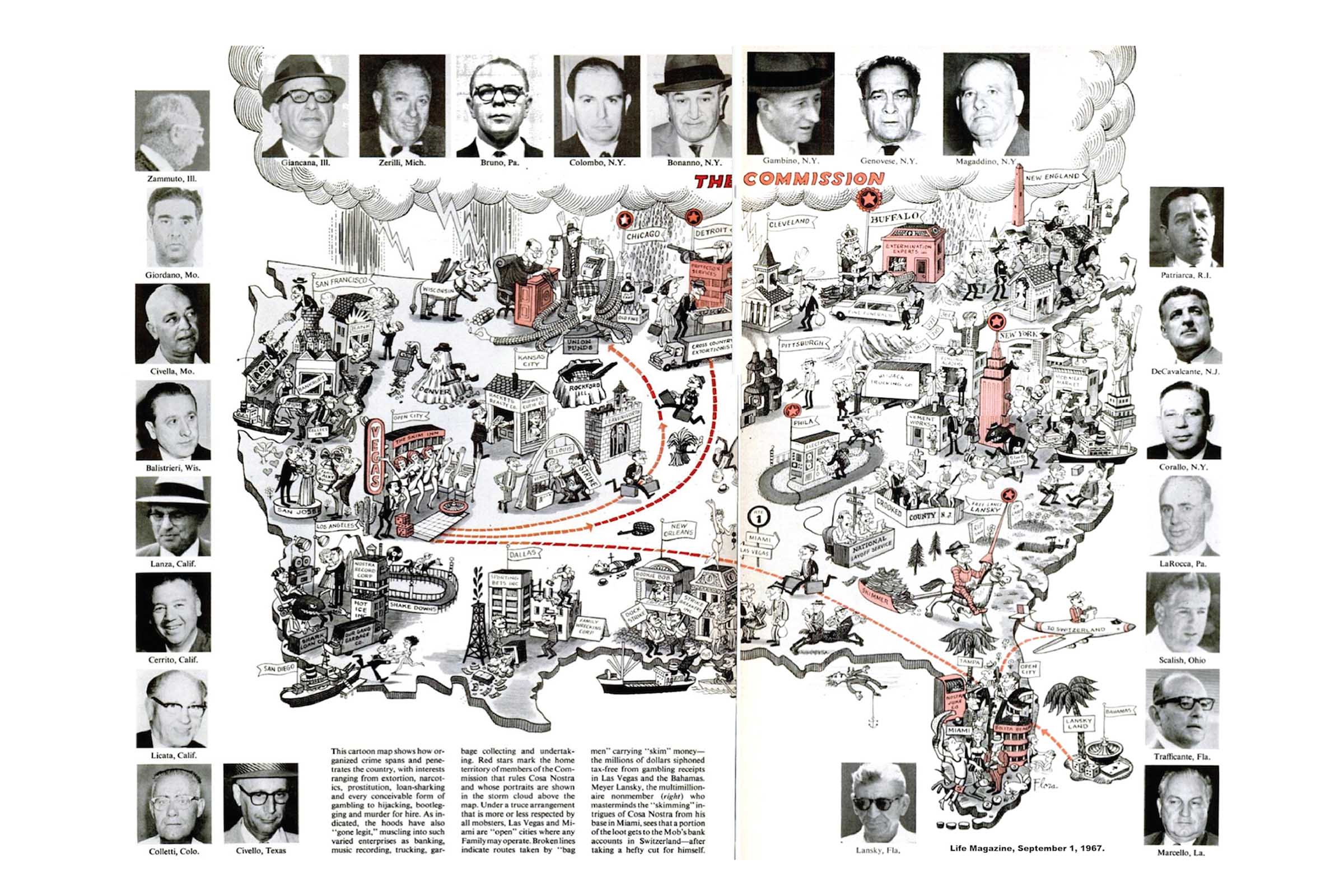 Mapa pictórico do crime organizado nos EUA, 1967. Artigo de Luiz Holanda aborda trajetória do crime organizado.