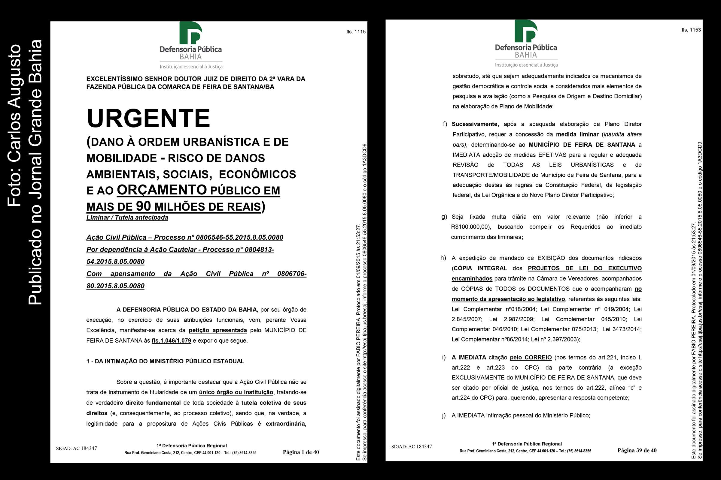 Páginas 1 e 39 da manifestação da Defensoria Pública sobre a implantação do Sistema BRT de Feira de Santana.