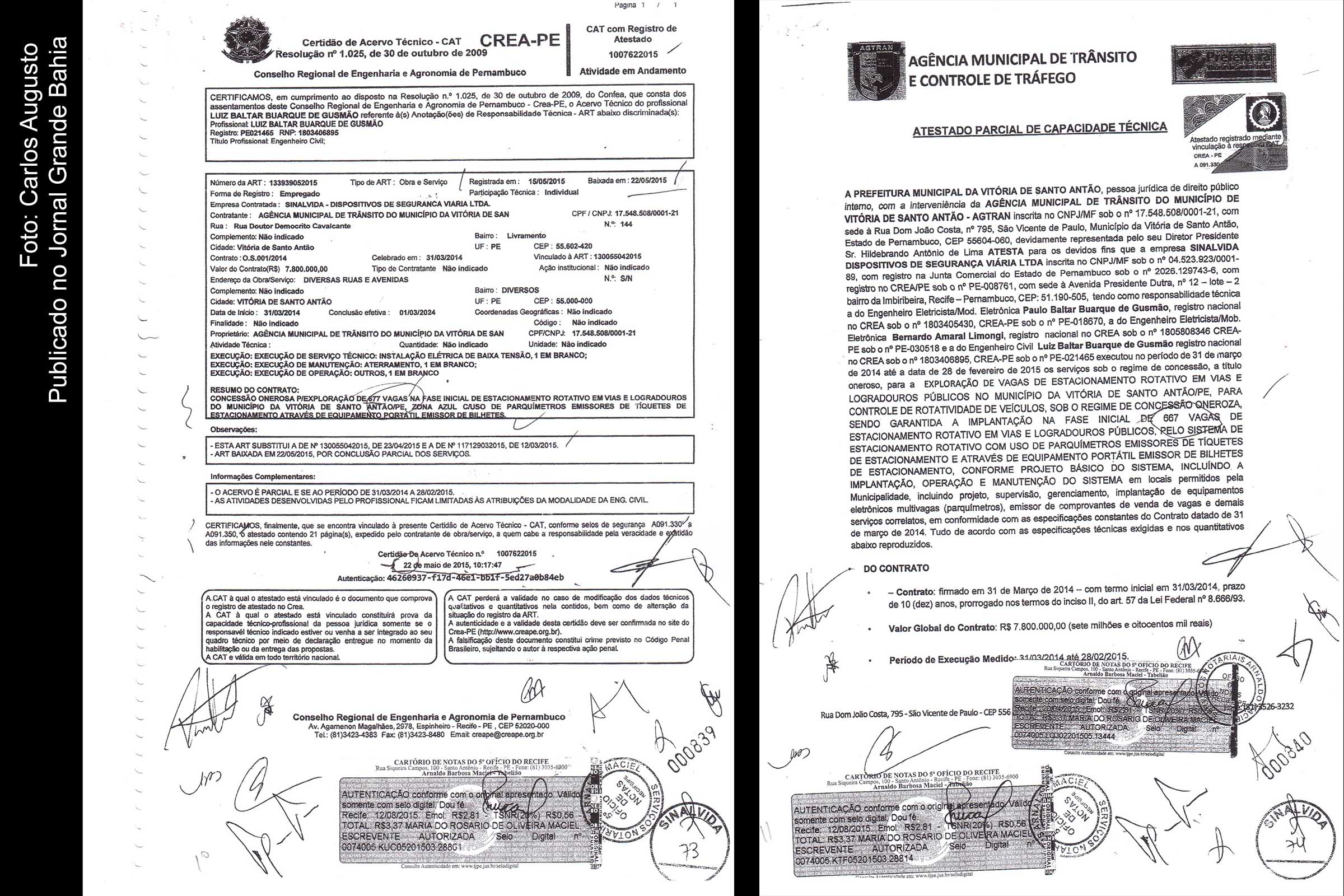 Documentos referentes a qualificação técnica da SinalVida em Vitória de Santo Antão possuem indício de fraude e foram utilizados na licitação da Zona Azul de Feira de Santana