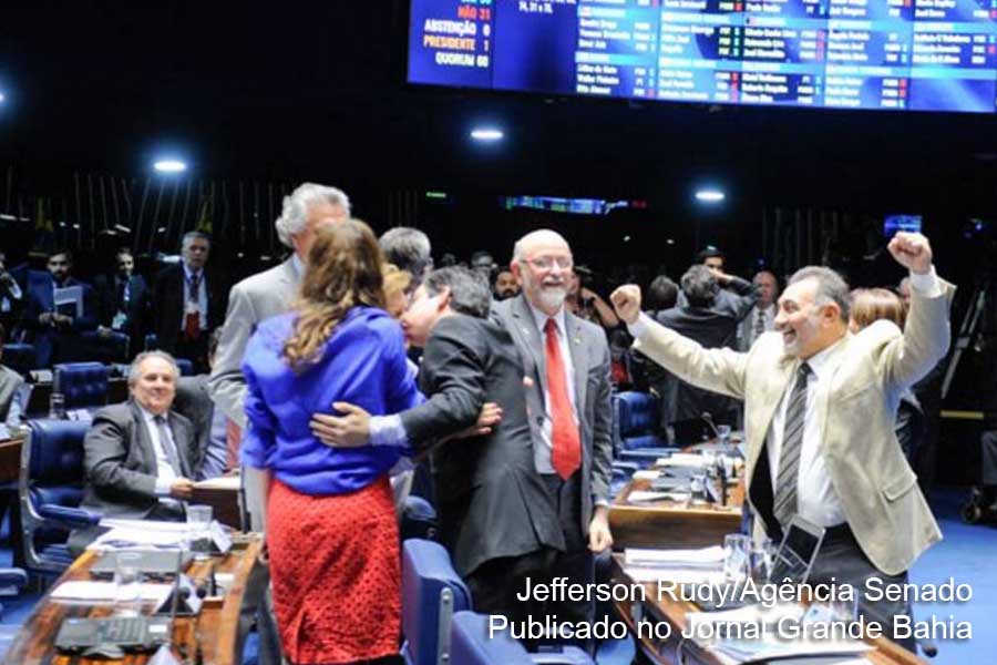 Senadores comemoram aprovação do fim das contribuições de pessoas jurídicas para campanhas eleitorais, na sessão do Senado de 2 de setembro de 2015.