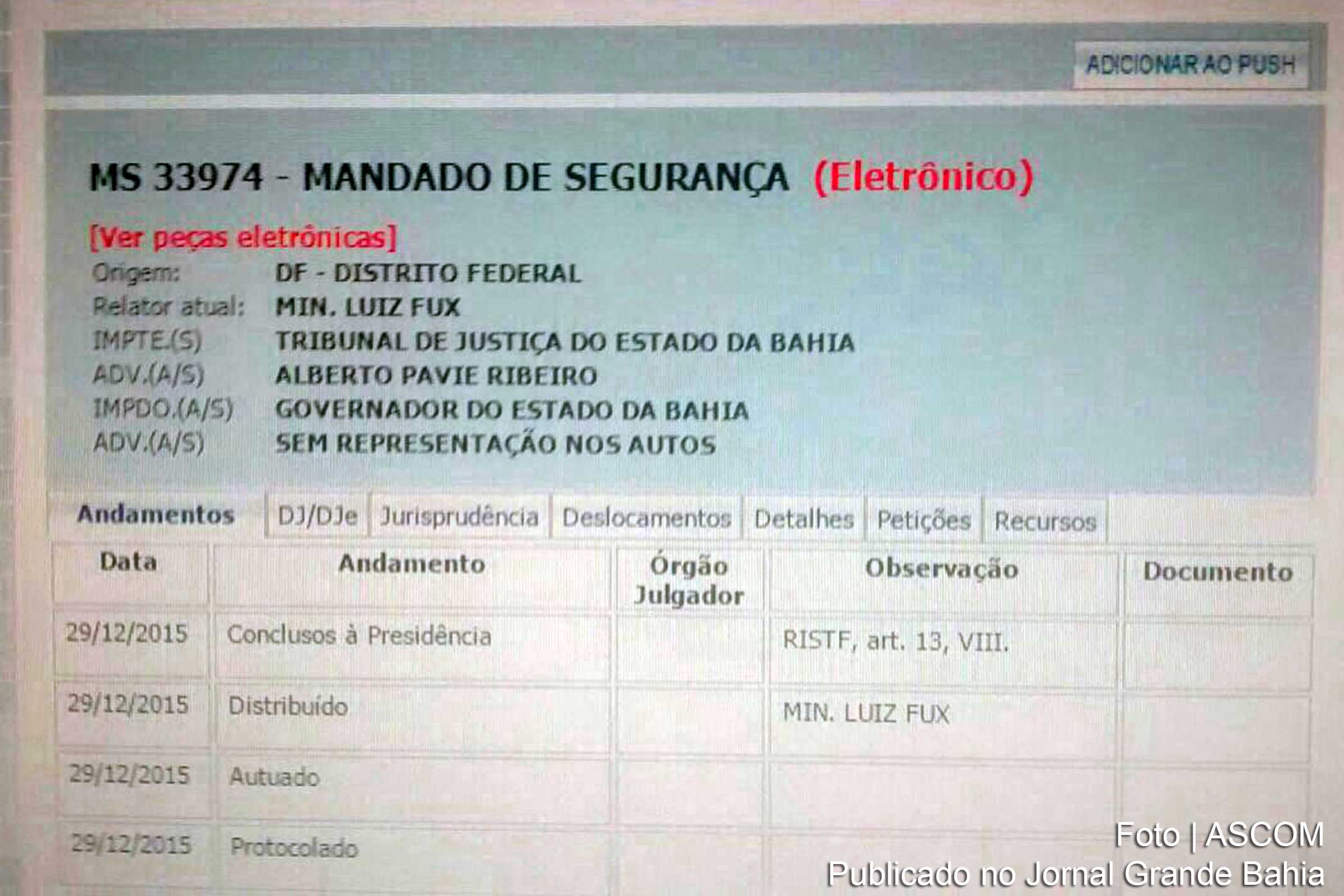 Espelho da ação judicial do TJBA – MS 33974.