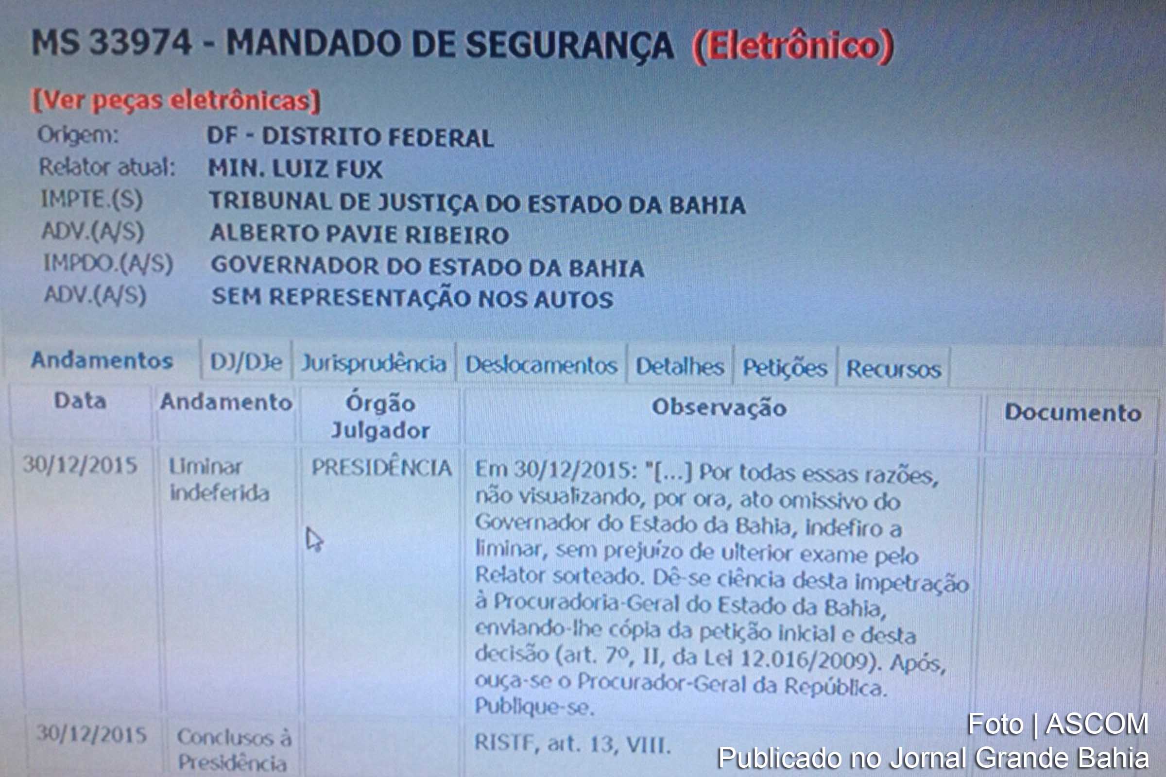 Espelho da ação judicial do TJBA – MS 33974.