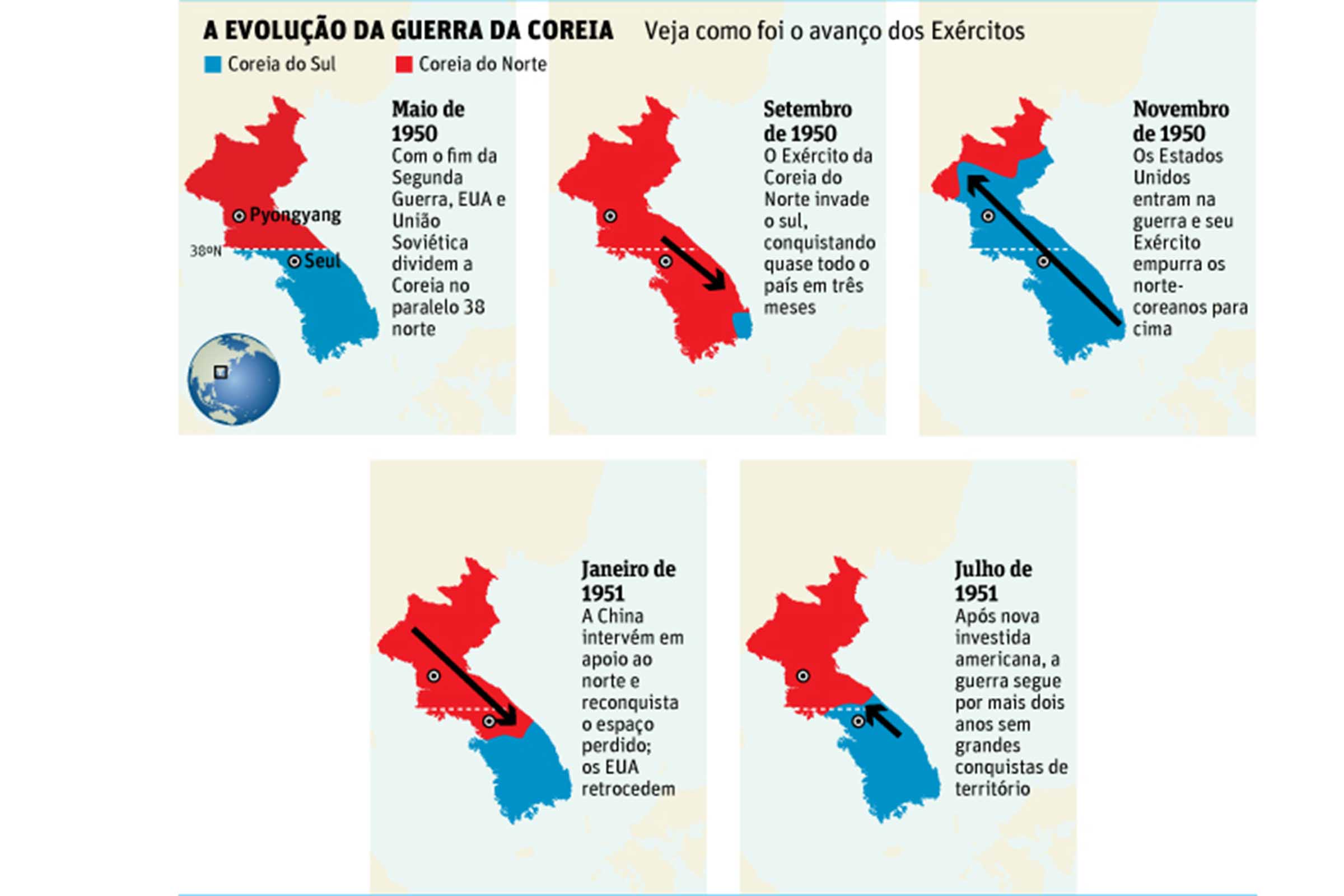 Mapa demonstra mudanças na fronteira da Coreia. População coreana anseia pela reunificação do país e pelo fim das barreiras e interferências externas.