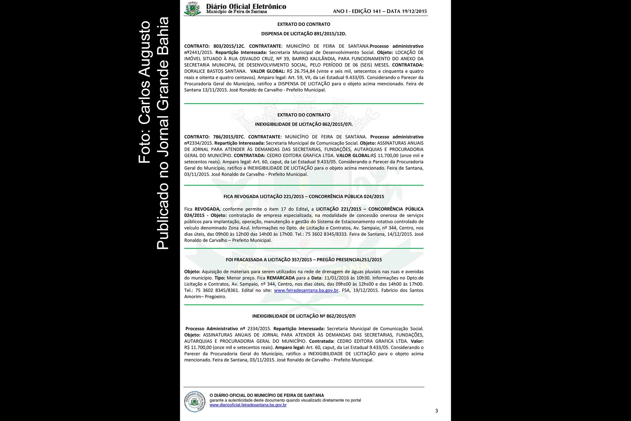 Prefeitura de Feira de Santana publica decreto revogando processo licitatório da Zona Azul