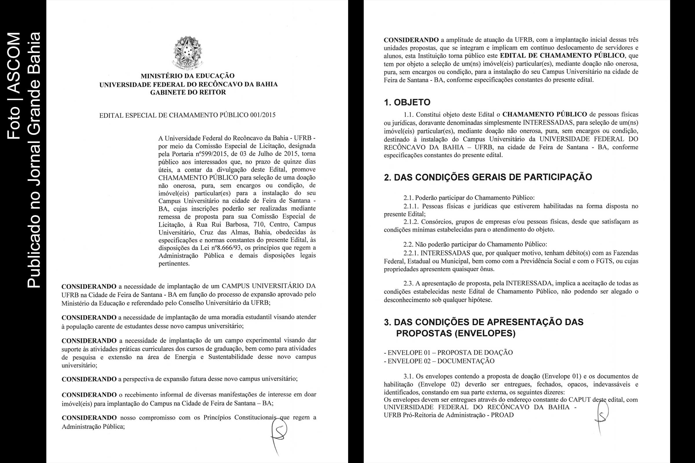 Páginas 1 e 2 do Edital Especial de Chamamento Público Nº 01/2015, lançado pela UFRB com a finalidade de obter terreno em Feira de Santana.