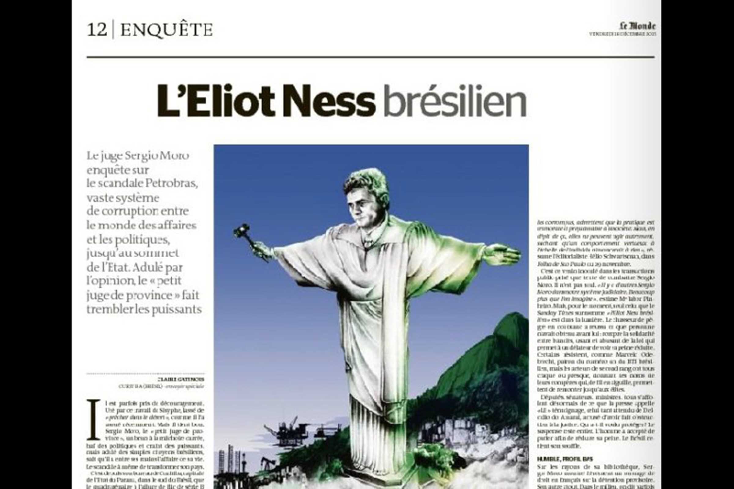 Sérgio Moro na condição de Cristo Redentor ilustra perfil do juiz da Lava-Jato no Le Monde.