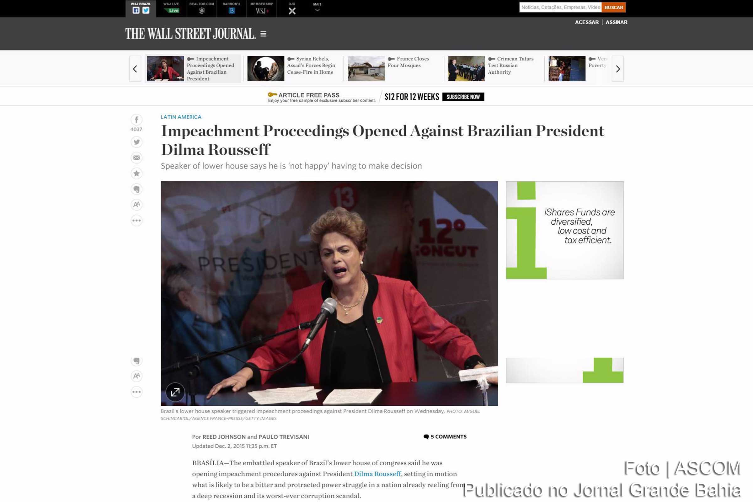 Wall Street Journal publica matéria sobre abertura do pedido de impeachment da presidente Dilma Rousseff.