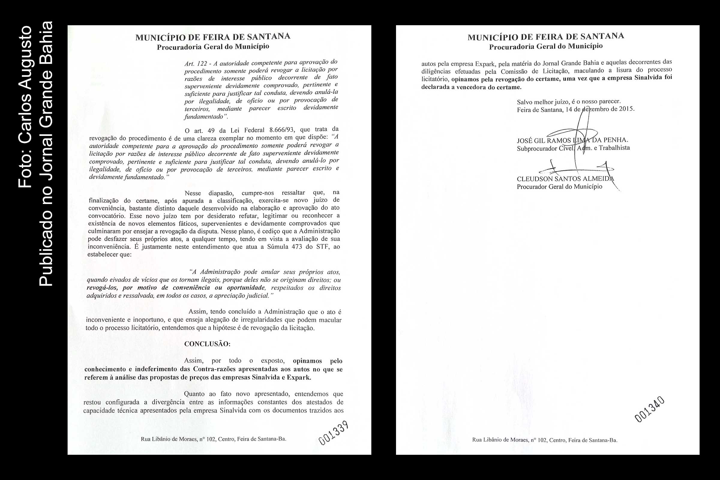 Parecer da Procuradoria-Geral do Município de Feira de Santana confirma vício em documentação entregue pela SinalVida, durante processo licitatório da Zona Azul