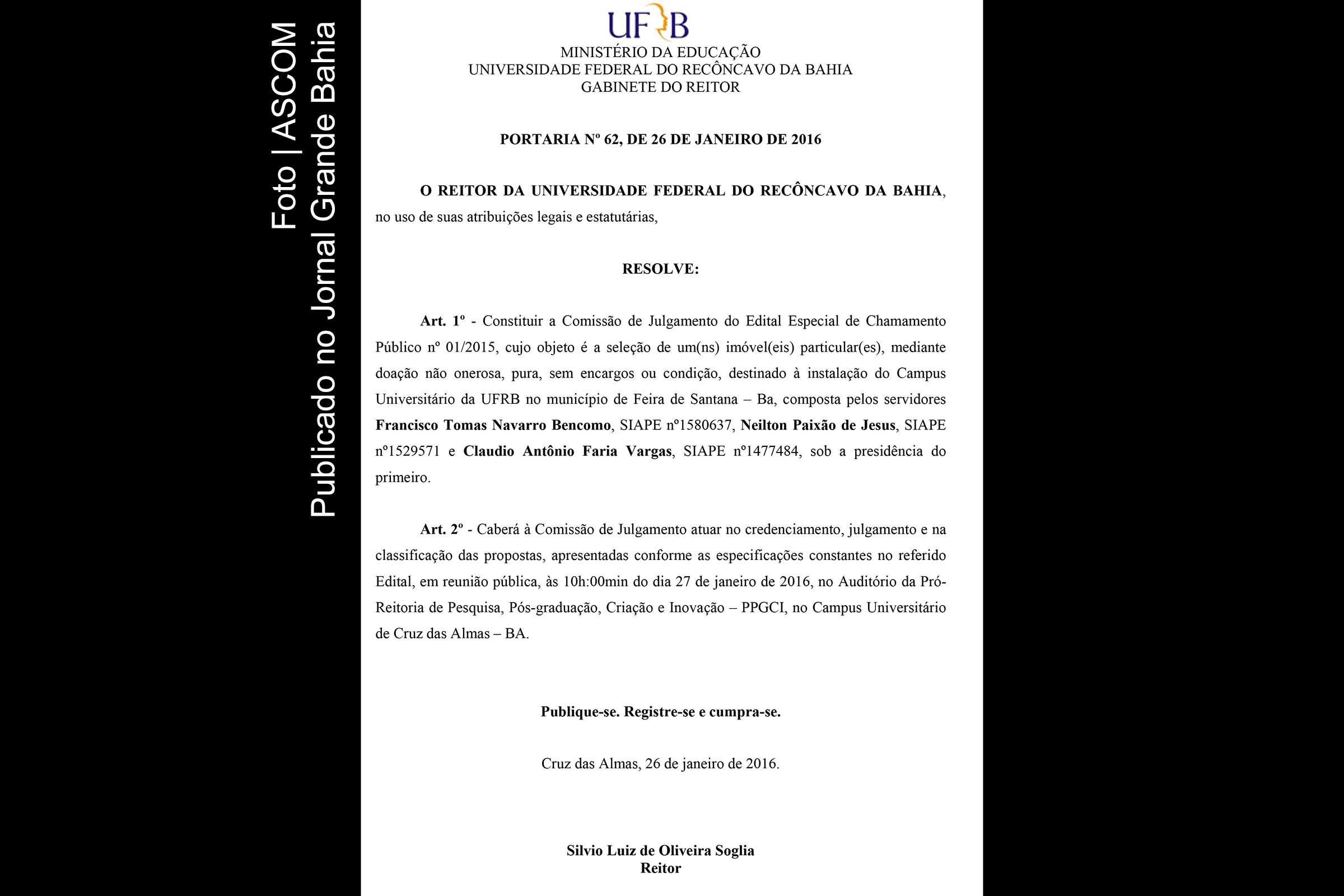 Portaria da UFRB de Nº 62/2016.