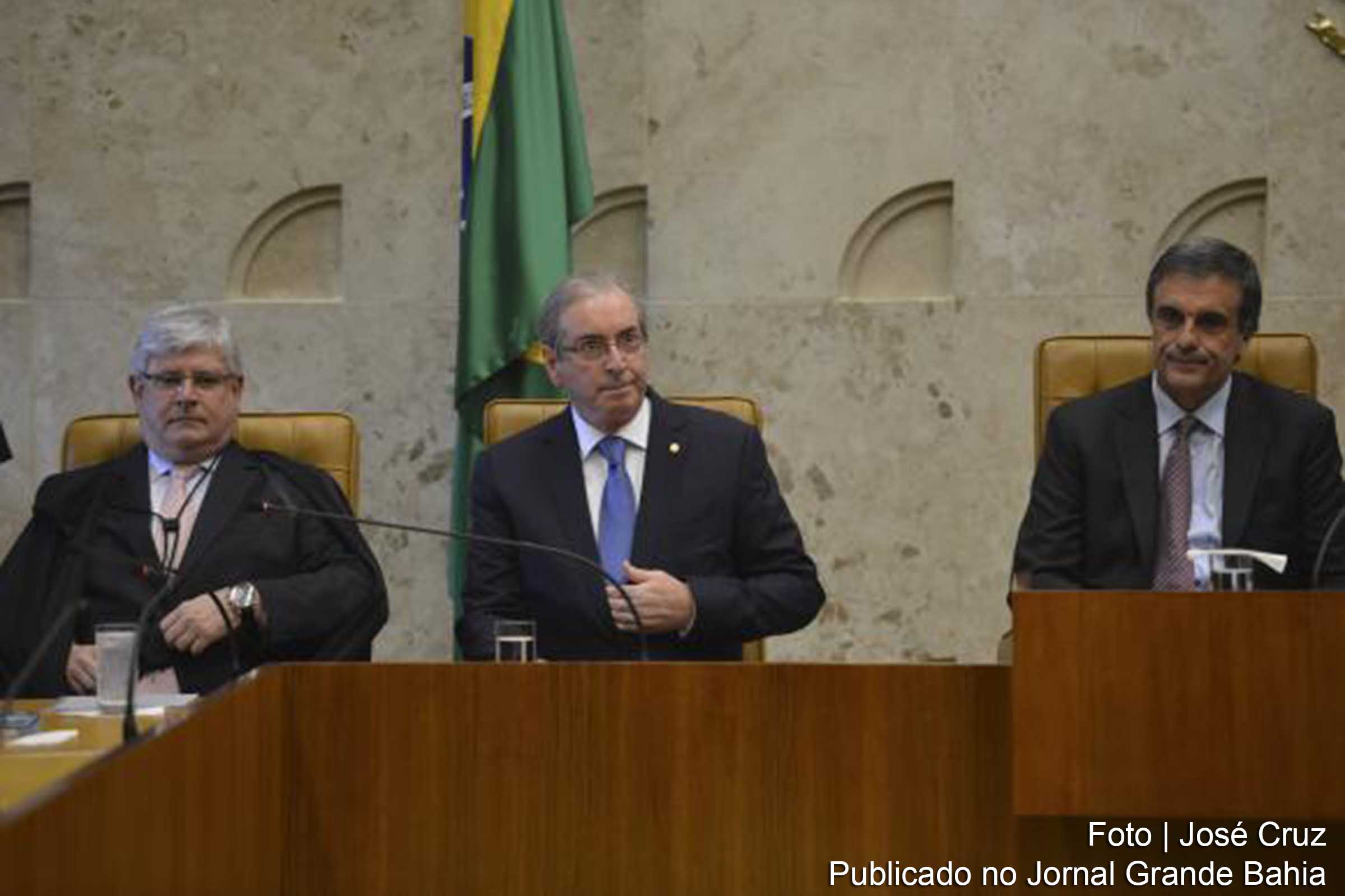 Na solenidade de abertura do ano judiciário, o procurador-geral da República, Rodrigo Janot, o presidente da Câmara dos Deputados, Eduardo Cunha, e o ministro da Justiça, José Eduardo Cardozo.