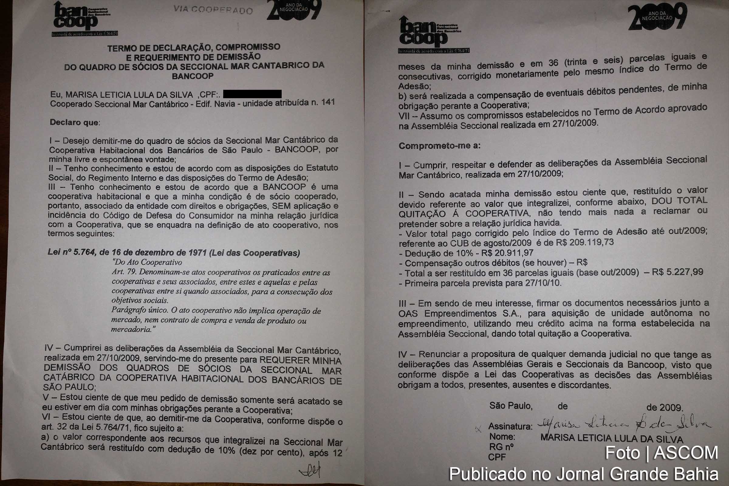 Termo de Adesão e Compromisso de Participação de Marisa Letícia com a Bancoop – Habitacional dos Bancários de São Paulo.