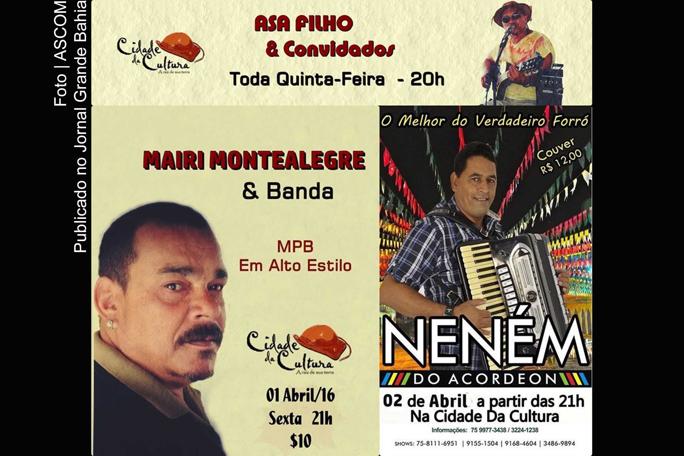 Cartaz anuncia show de Asa Filho, Mairi Montealegre e Neném do Acordeon.