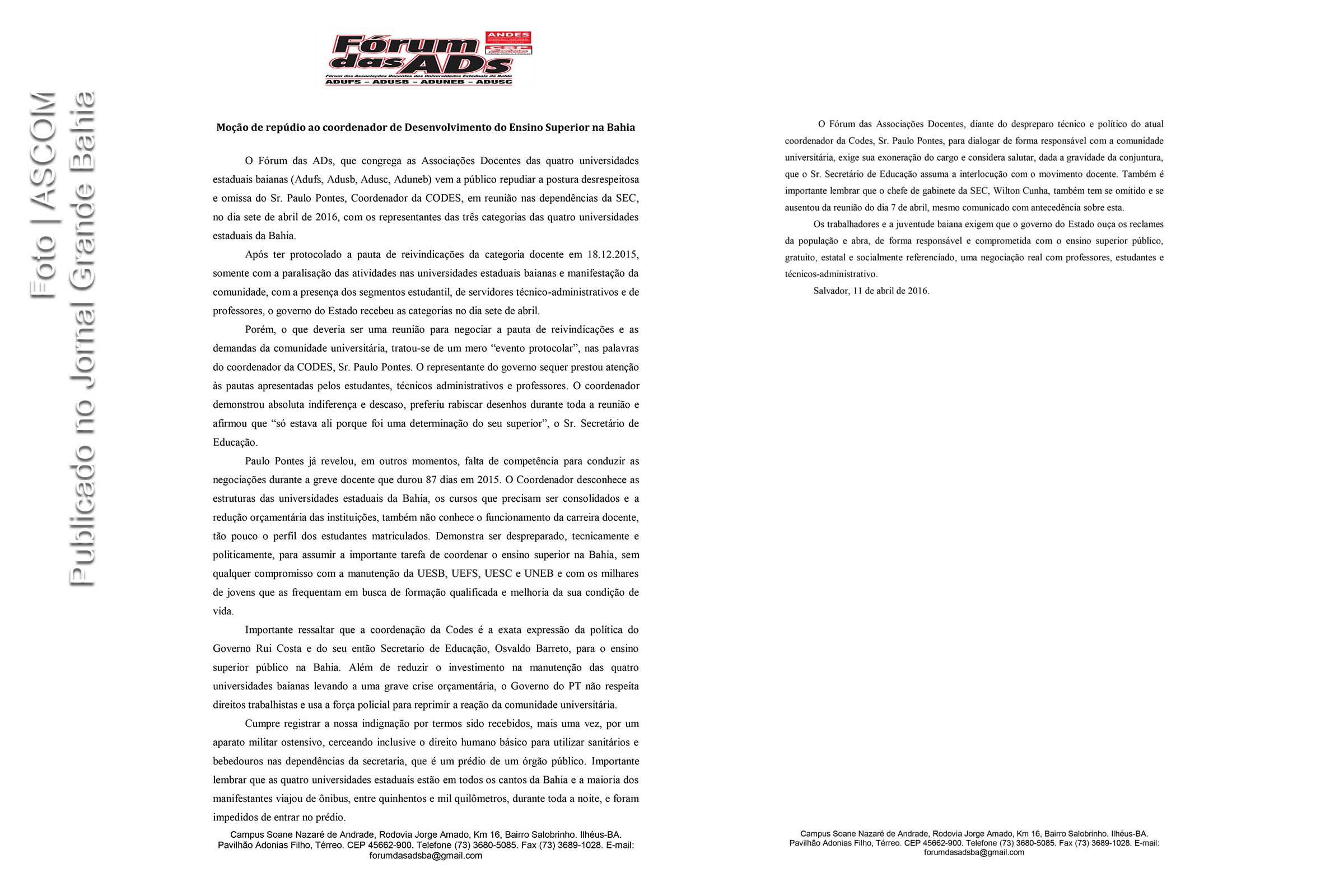 Nota de Repúdio emitida Associações Docentes das Universidades Estaduais da Bahia contra o Coordenador do Desenvolvimento do Ensino Superior.