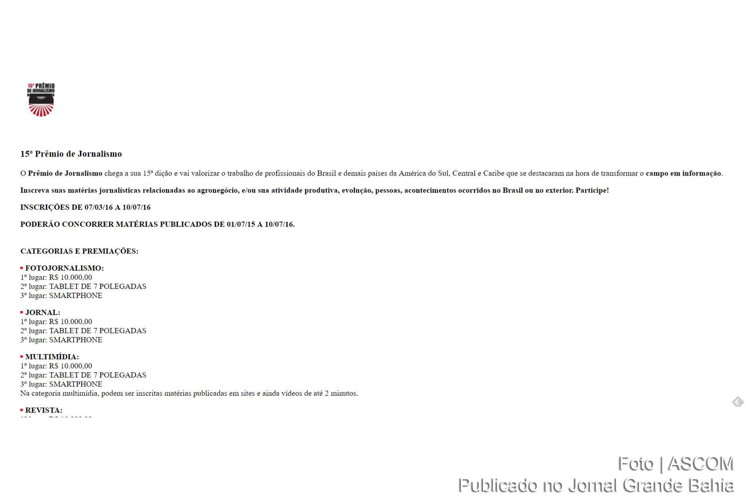 Relação de categorias do 15º prêmio de jornalismo.