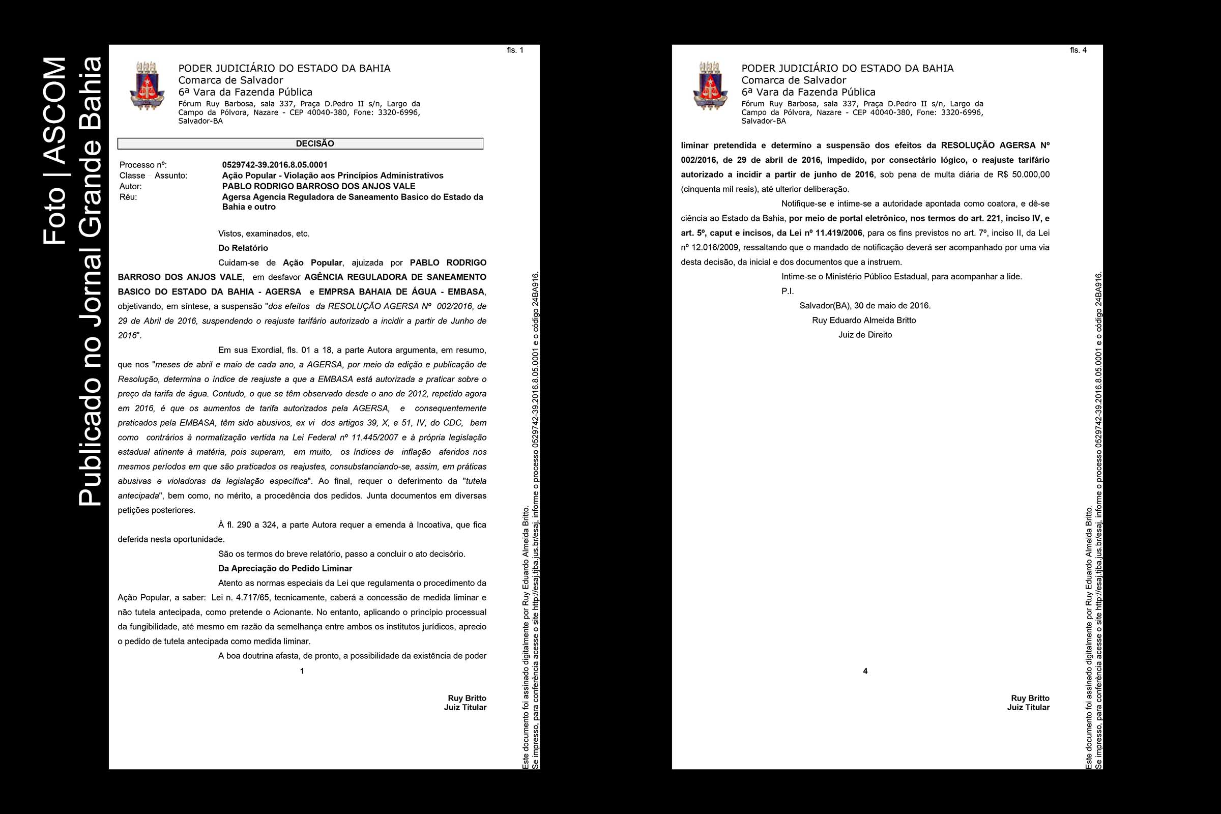 Páginas 1 e 4 da decisão Liminar contra a Agersa e Embasa.