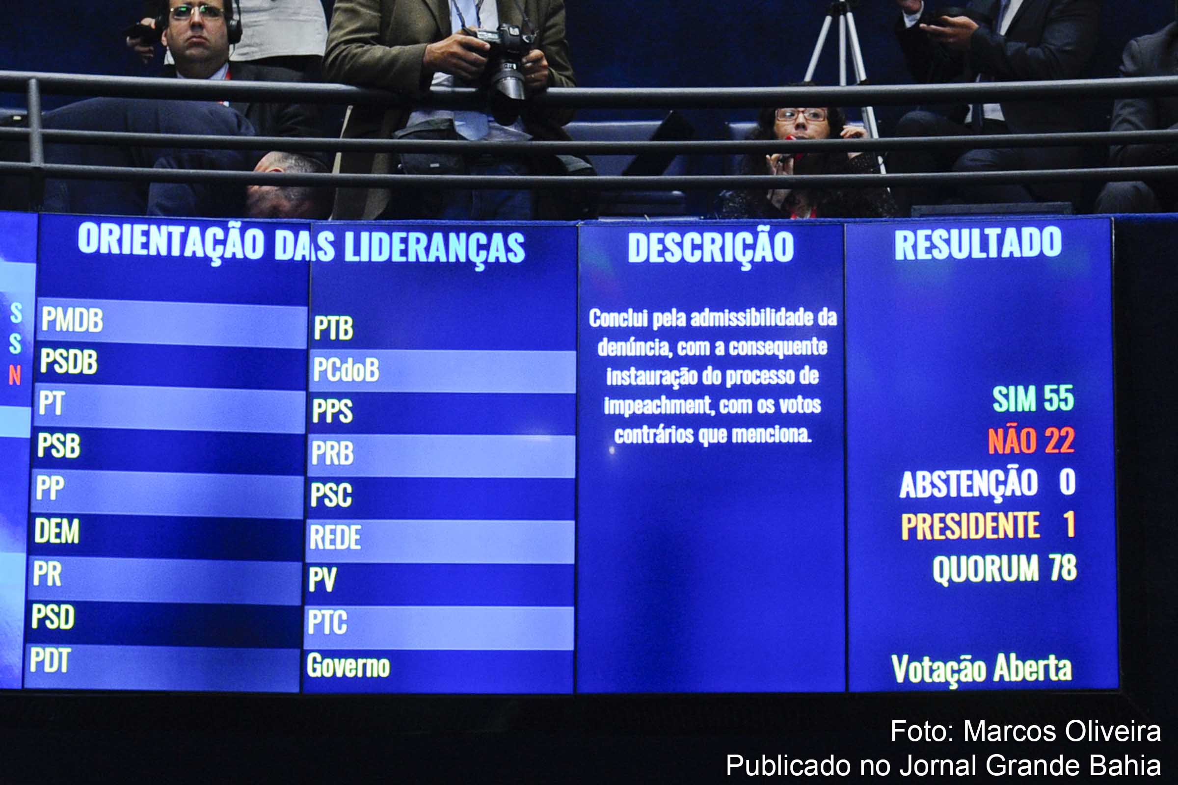Placar eletrônico do Senado mostra resultado da votação da admissibilidade do processo de impeachment no plenário do Senado.