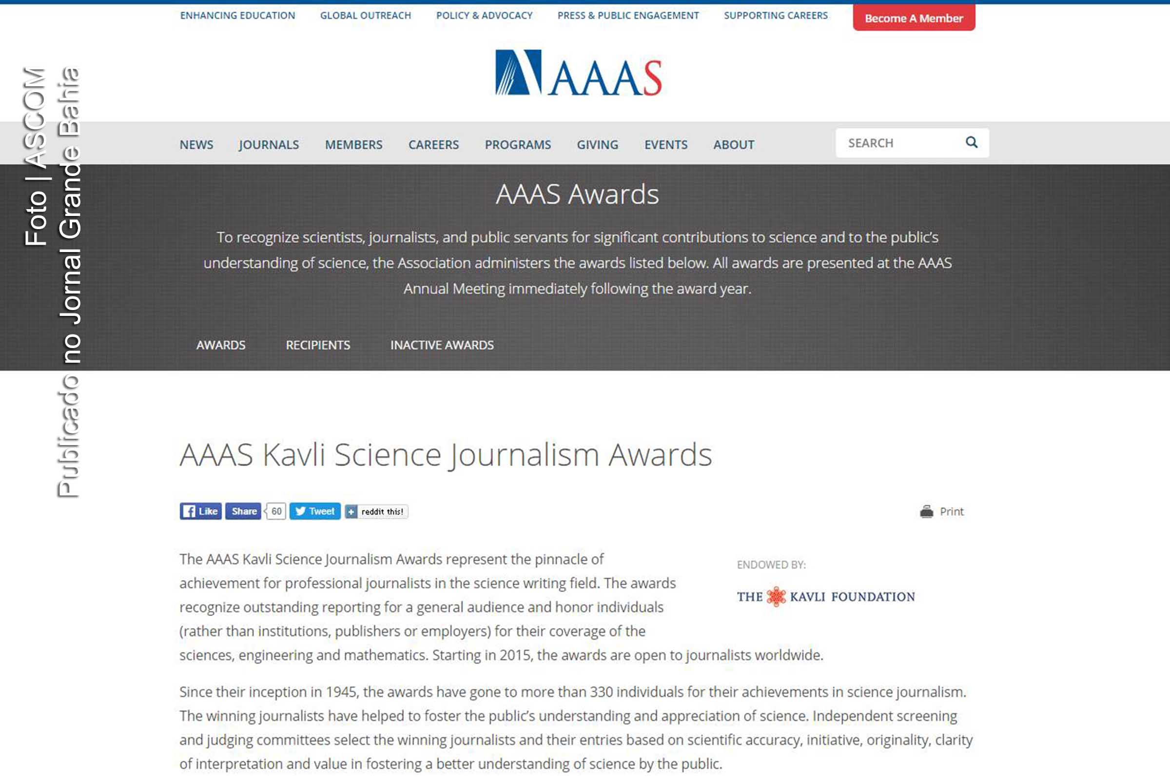 Reprodução da página inicial do site AAAS Kavli Science Journalism Award.