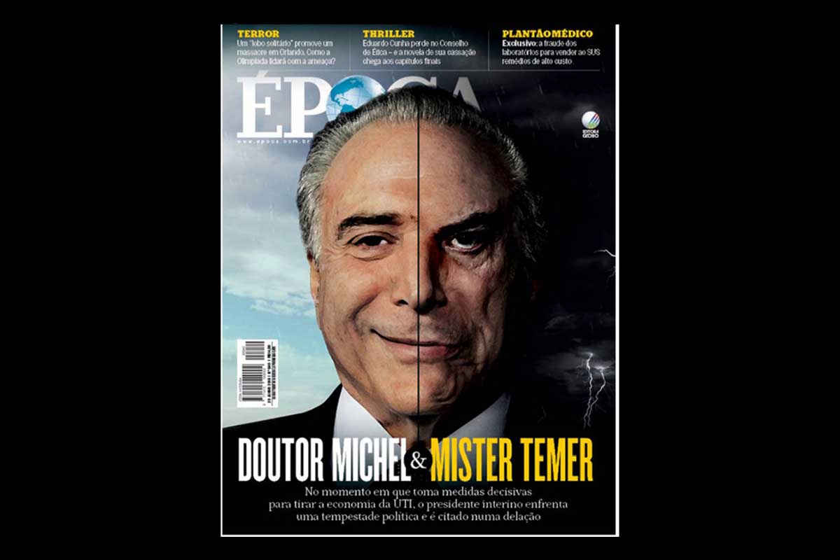 Capa da revista Época com o presidente interino Michel Temer. Abalroado pelas revelações de Sérgio Machado, o presidente interino Michel Temer não consegue se desvencilhar da Operação Lava Jato e fazer seu governo decolar.