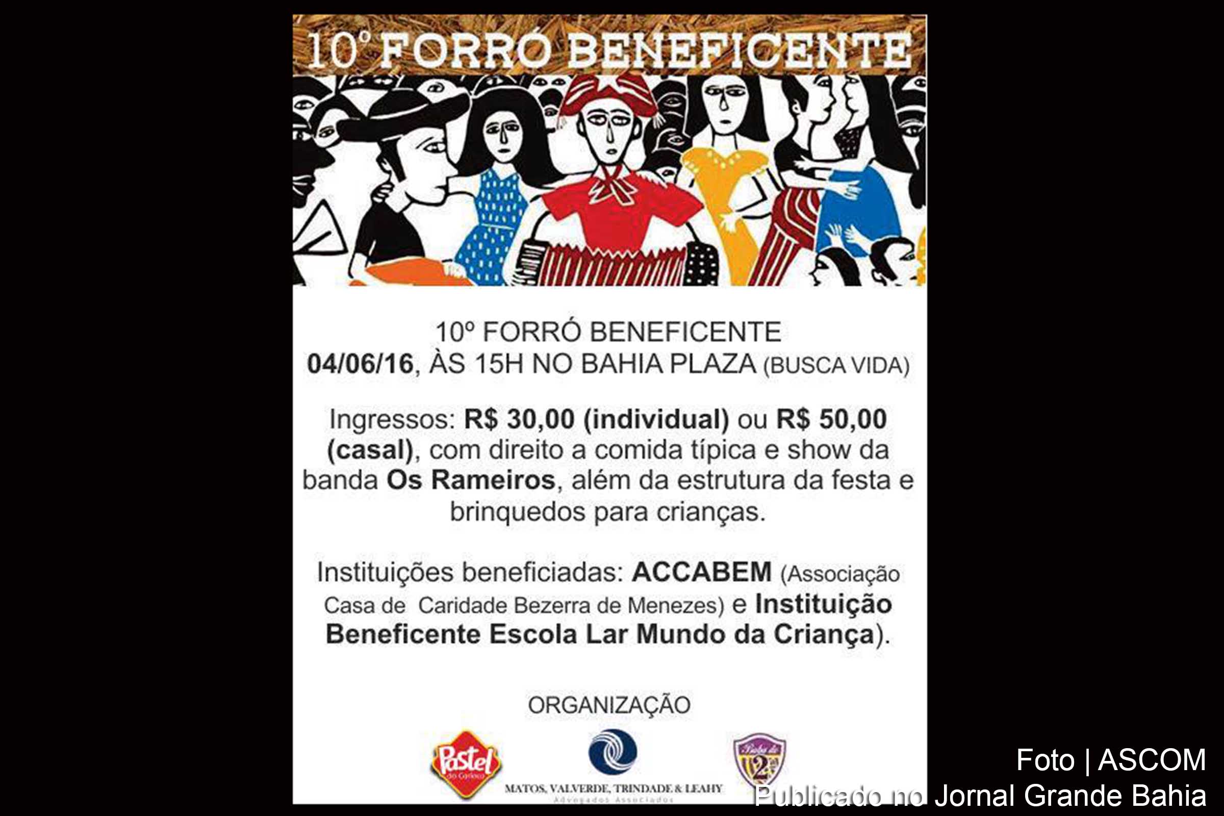Cartaz da 10º Edição do Forró Beneficente MVTL. Evento ocorre em Camaçari.
