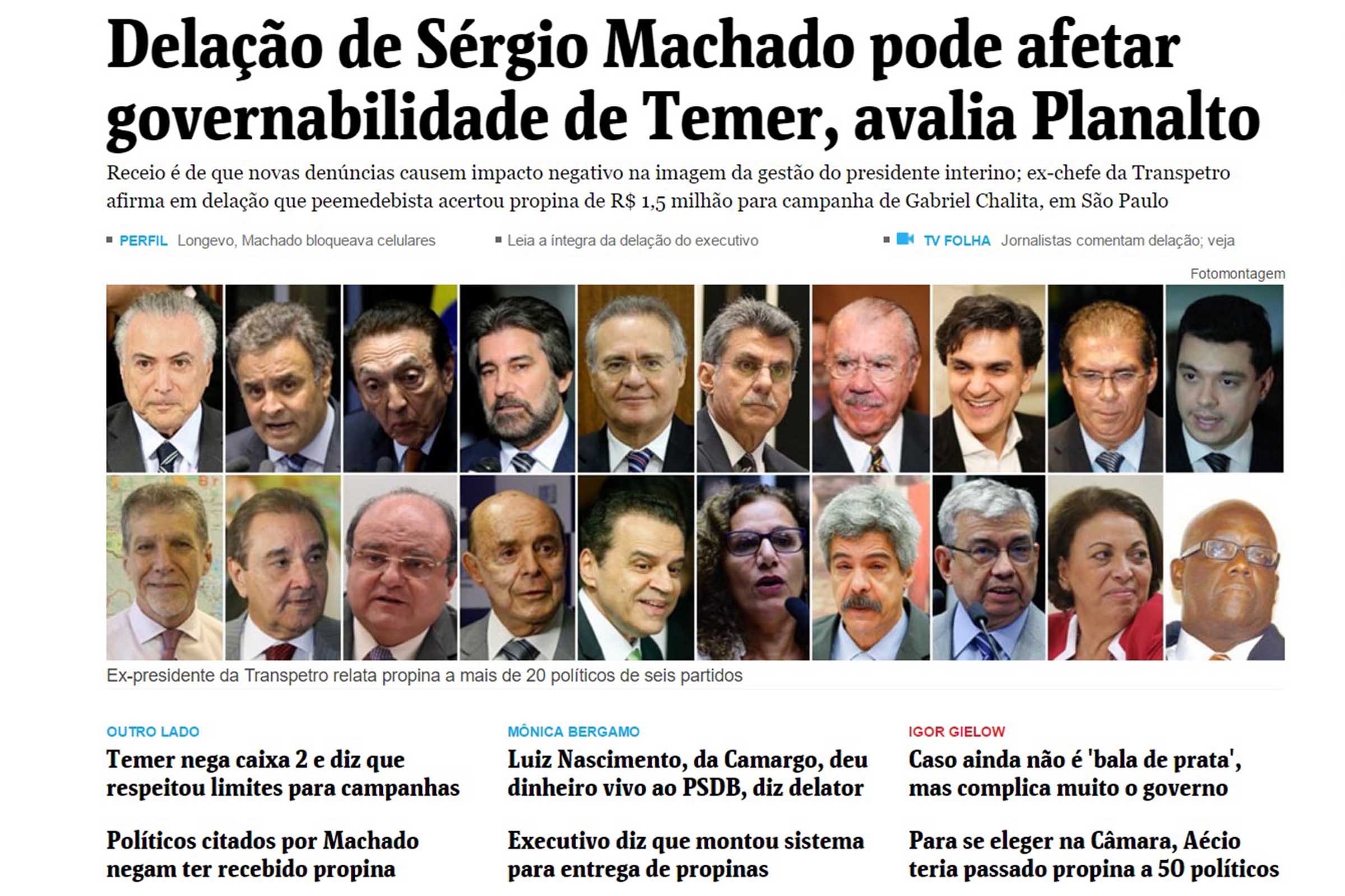 Jornal Folha de São Paulo destaca envolvimento de políticos na delação de Sérgio Machado.