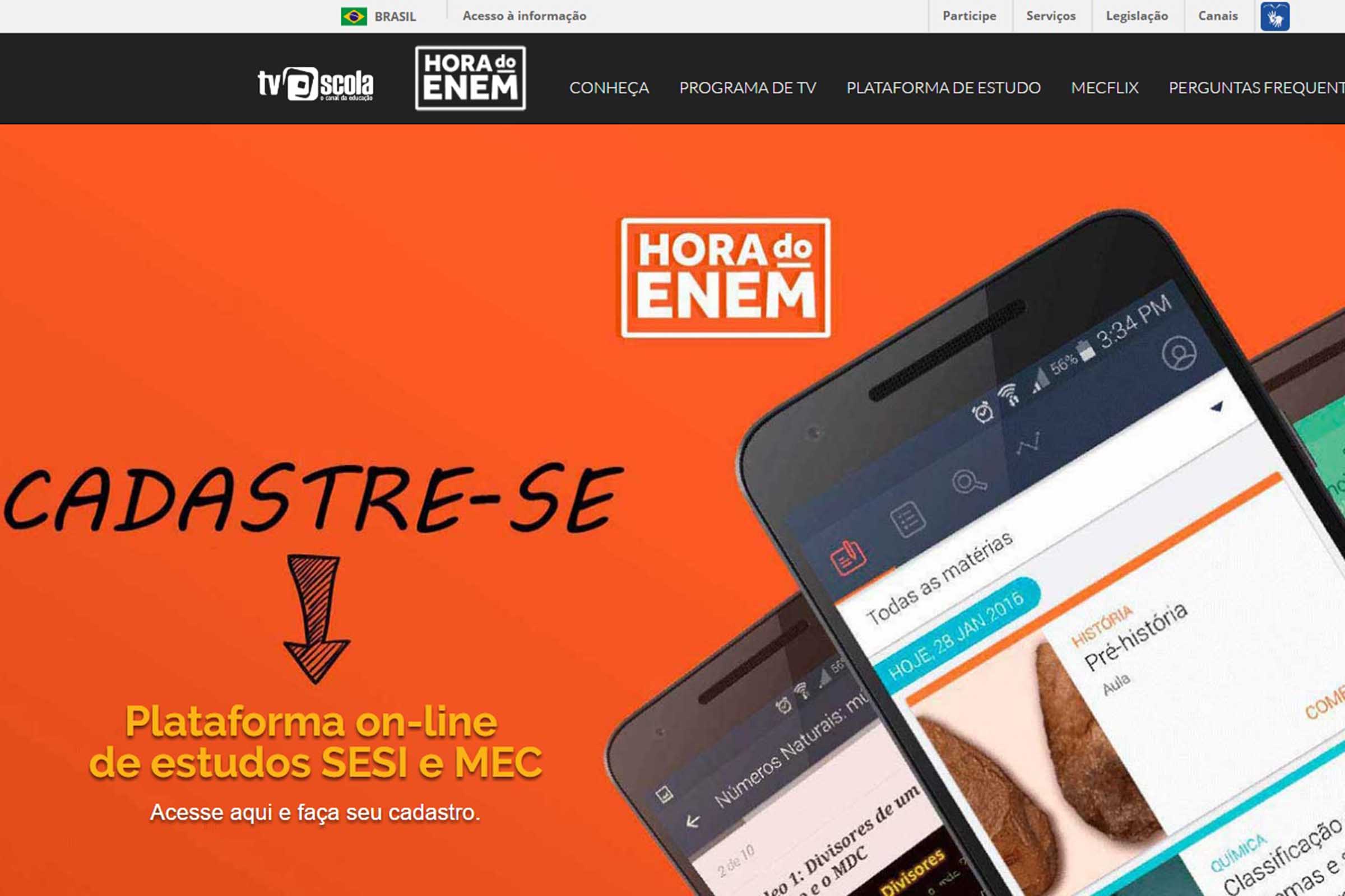 Reprodução da página inicial do site 'Hora Do Enem'.